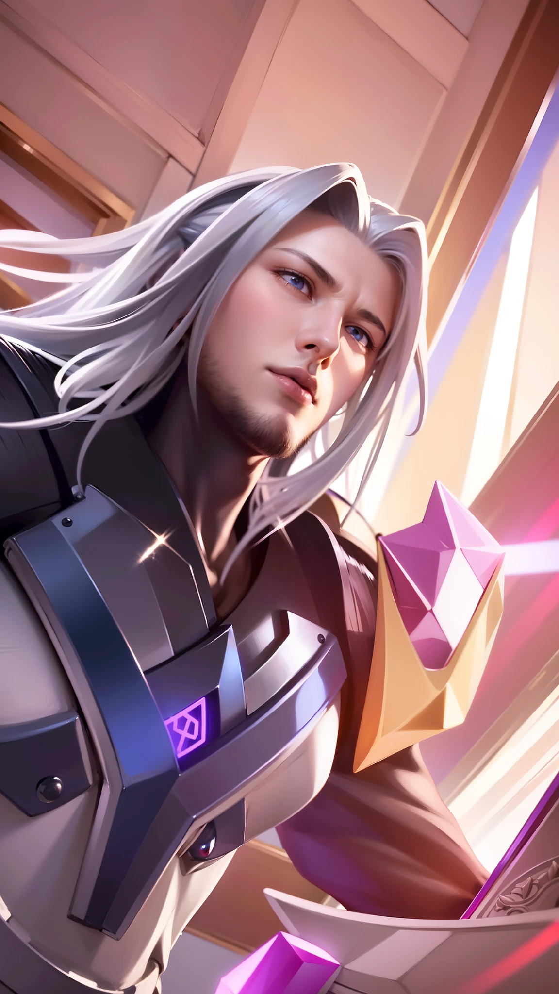 masculine male, masterpiece, ((perfect eyes)) best quality, (semirealism:1.9), beautiful lighting, (extremely detailed CG unity 4k fhd wallpaper), High Detail, Sharp focus, dramatic outdoors, 1 boy ,19 years old, white hair, light purpel eyes, smile.