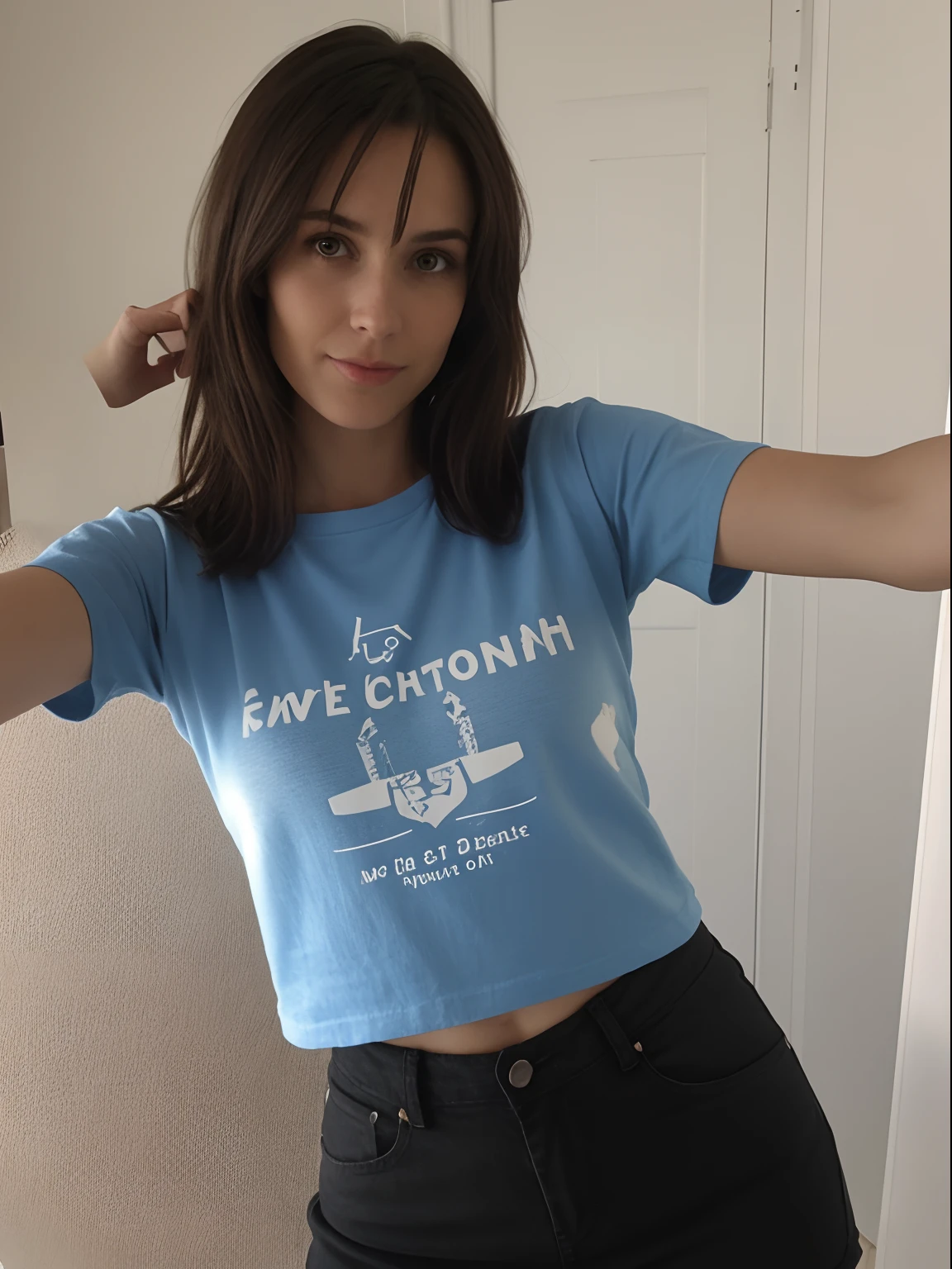 29 year old Brunette, small tits t-Shirt no bra outside selfie