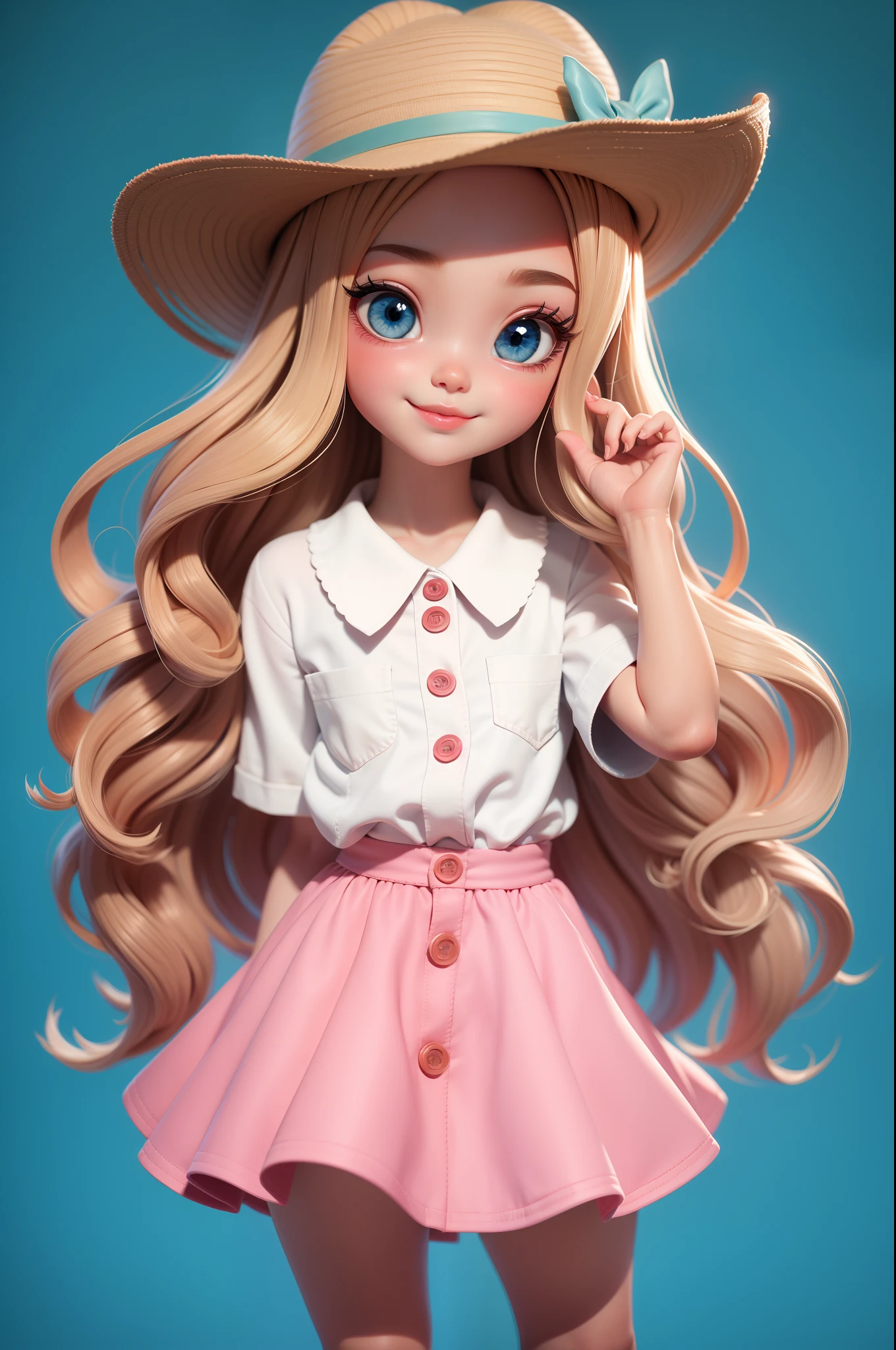 Create a series of cute chibi style dolls with a cute street theme, each with lots of detail and in an 8K resolution. All dolls should follow the same solid background pattern and be complete in the image, mostrando o (corpo inteiro, incluindo as pernas: 1.5) Boneca Chame-a de Marina. Ela deve ter cabelo pequeno em tom preto marrom. Seus olhos devem ser grandes e expressivos, with long eyelashes and rosy cheeks. Sorriso delicado e branco. Marina deve estar vestida com uma jaqueta, Camiseta, Saia & bonnet . She must carry out safari accessory from Rio de Janeiro. Certifique-se de adicionar detalhes nas roupas, such as buttons and pockets, sapato bonito Certifique-se de adicionar sombras, texturas e detalhes nos cabelos, roupas, Safari utensils, to make them even more adorable and charming.