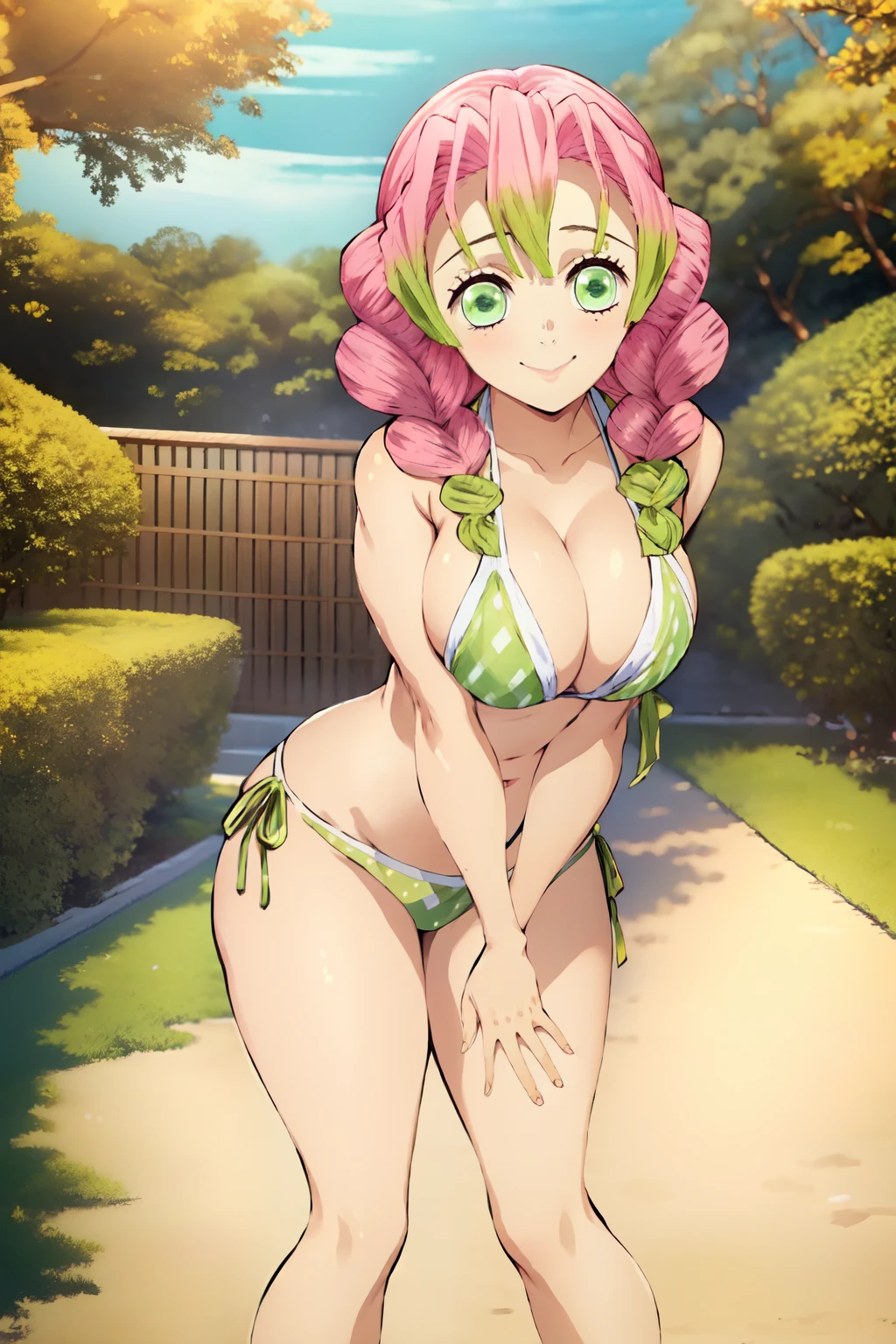 (巨作, better quality), 1Girl in, Mitsorikan Log, dazzling, smiled, chest,  Belly, muscle、Green swimwear、pink swimsuit、thin fabric、sexy pose、leaning forward、Huge