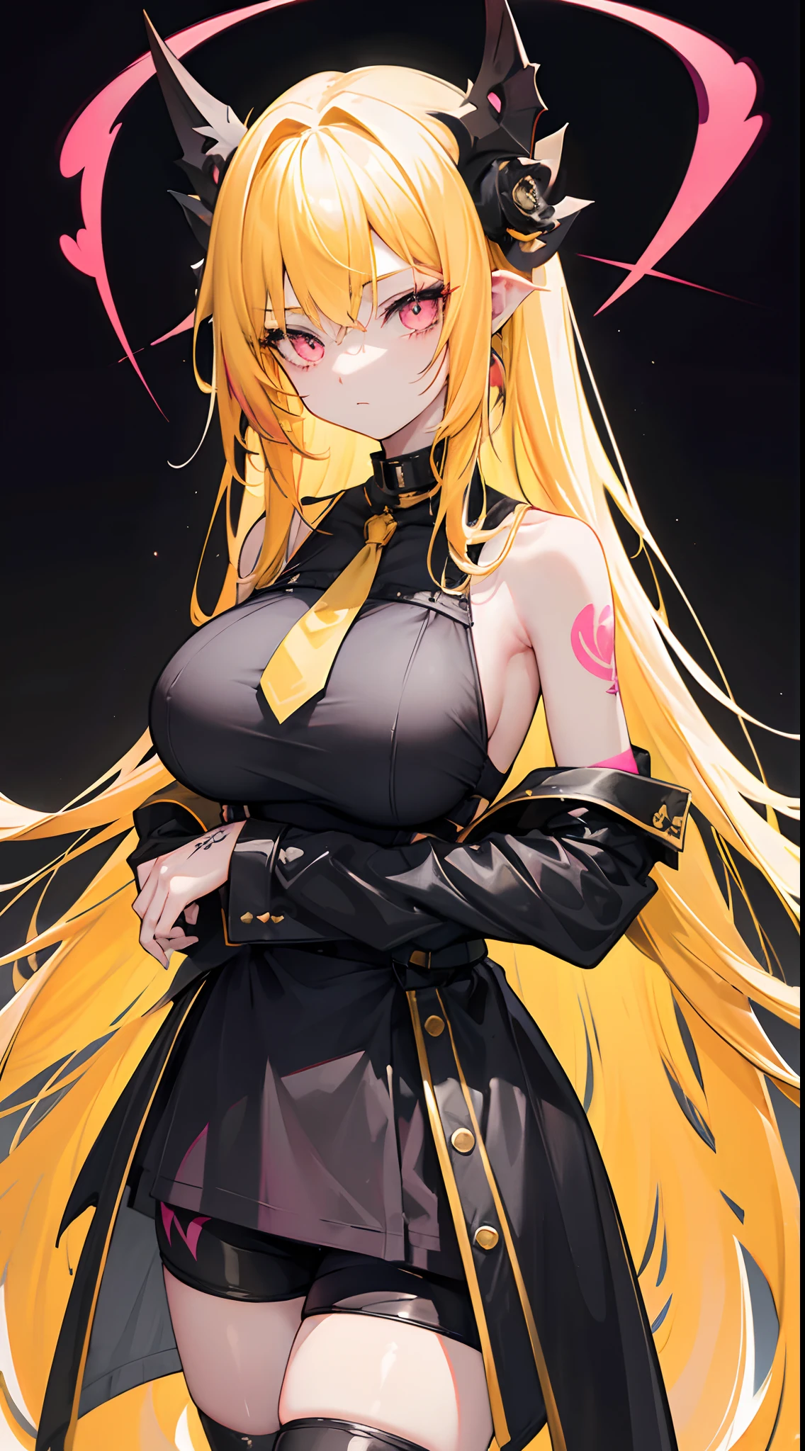 Long dark yellow hair，Pink eyes，Loving pupils，Black wide showing half shoulders with short sleeves，huge tit，Tattoos on the arms，Black  shorts，Tall girl，black lence stockings，A bad teenage girl，The eyes are shining，high light，a warm color palette，