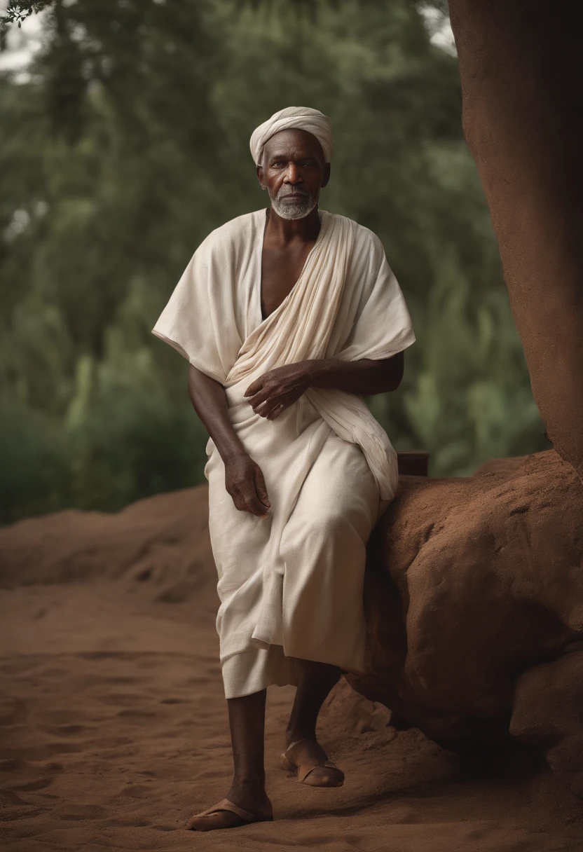 Hyperrealistic cinematic image of a native old black man in white clothes, Arte nativa africana, Fantasia de um preto velho nativo africano, African Native Folk Art, Fotografia de arte africanarrealista, fotografia, obra-prima, realista, Realismo, renderizado, Alto contraste, digital art photographyrealistic trend in Artstation 8k HD high definition detailed realistic, detalhado, textura da pele, hiper detalhado, textura de pele realista, armadura, melhor qualidade, ultra high-resolution, (fotografiarrealista: 1.4), alta resolução, detalhado, Calado bruto, sharp re, por lee jeffries Nikon D850 Filme Fotografia de Stock 4 Kodak Portra 400 Lente F1.6 Rich Colors Realistic Texture Dramatic Texture Dramatic Lighting Irrealengine Trend on Artstation Cinestill 800