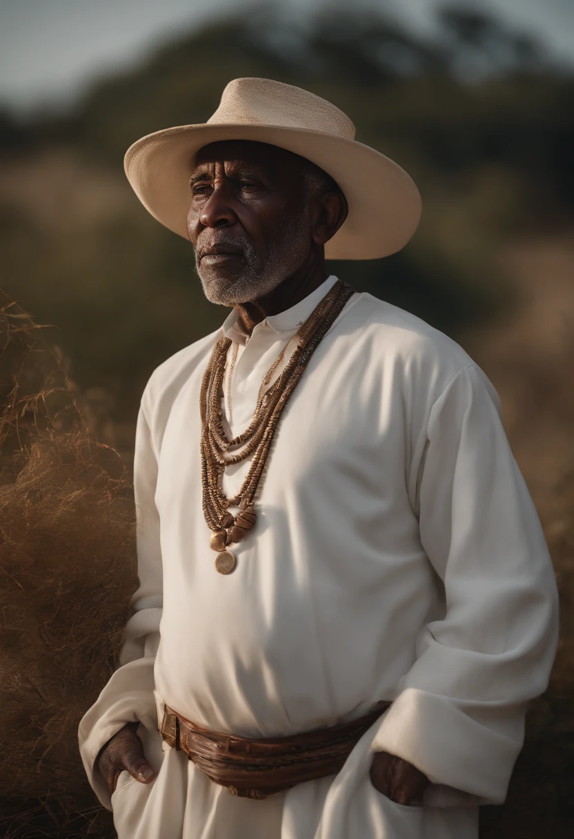 Hyperrealistic cinematic image of a native old black man in white clothes, Arte nativa africana, Fantasia de um preto velho nativo africano, African Native Folk Art, Fotografia de arte africanarrealista, fotografia, obra-prima, realista, Realismo, renderizado, Alto contraste, digital art photographyrealistic trend in Artstation 8k HD high definition detailed realistic, detalhado, textura da pele, hiper detalhado, textura de pele realista, armadura, melhor qualidade, ultra high-resolution, (fotografiarrealista: 1.4), alta resolução, detalhado, Calado bruto, sharp re, por lee jeffries Nikon D850 Filme Fotografia de Stock 4 Kodak Portra 400 Lente F1.6 Rich Colors Realistic Texture Dramatic Texture Dramatic Lighting Irrealengine Trend on Artstation Cinestill 800