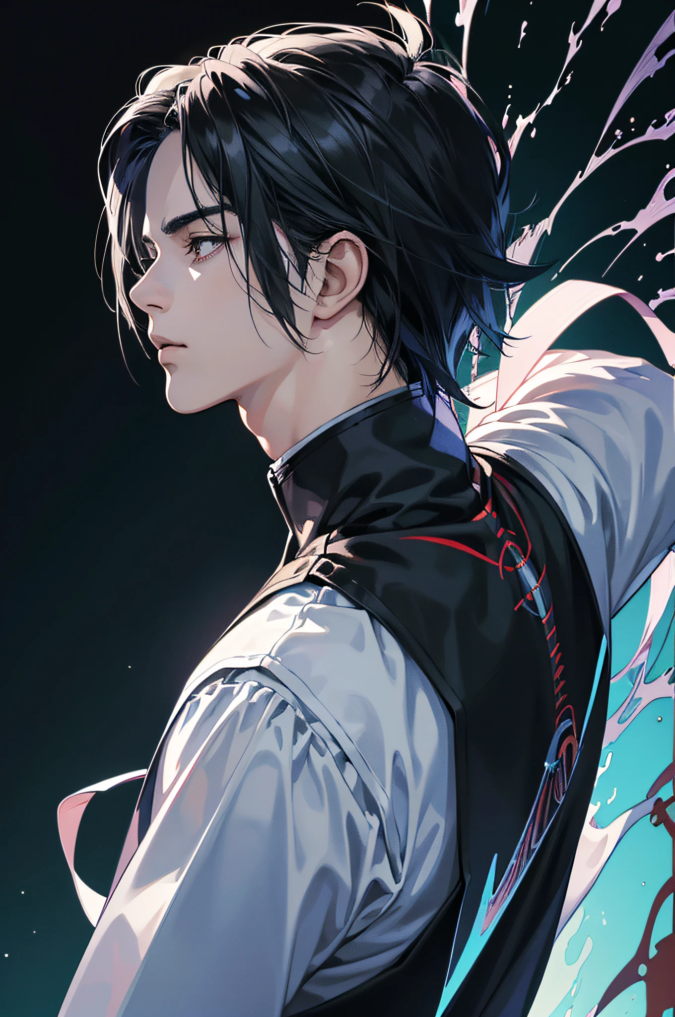 {(best quality, 8k, masterpiece, HDR, soft lighting, perfect image, digital illustration, manhwa art, hyper detailed image, perfect lines, realistic, Sasuke Uchiha)} 1 very handsome man, black hair, black eyes, imposing posture , expressionless {(blue and black background, with red sparkles)}