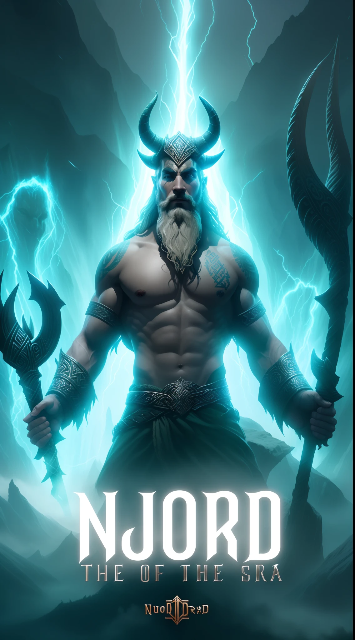 a poster for the upcoming game, nuord, depicting a male character with a horned face and a large, norse god, fjord, official splash art, nord, inspired by Noah Bradley, norse, the god of the sea, norse mythology, god of the ocean, key art, nordic mythology, horned god, viking god, norse warrior, mjolnir