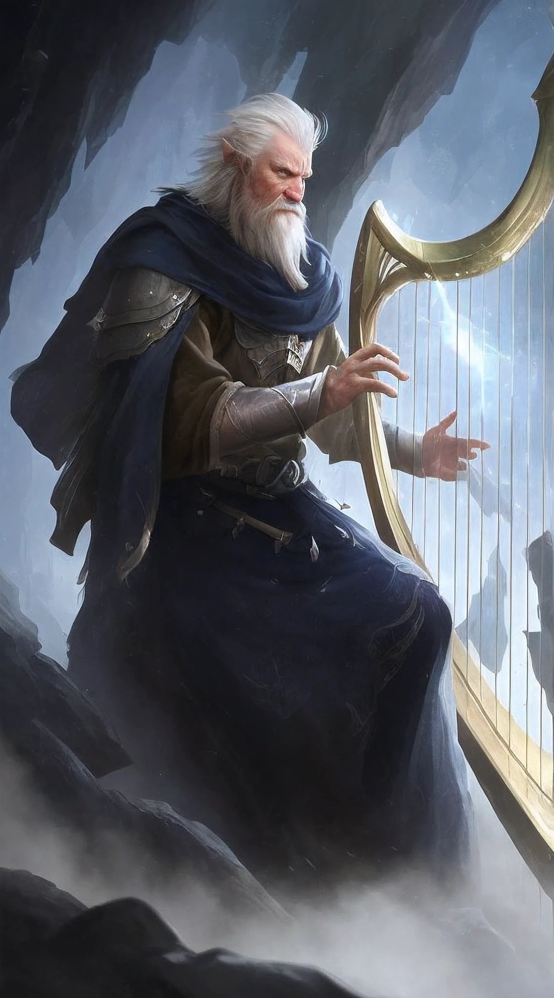 a close up of a person playing a harp in a cave, old male archmage, epic exquisite character art, fantasy card game art, a human bard, dwarf with white hair, of an elden ring elf, epic fantasy art portrait, epic fantasy character art, fantasy genre portrait, graphic artist magali villeneuve, tyler edlin fantasy art