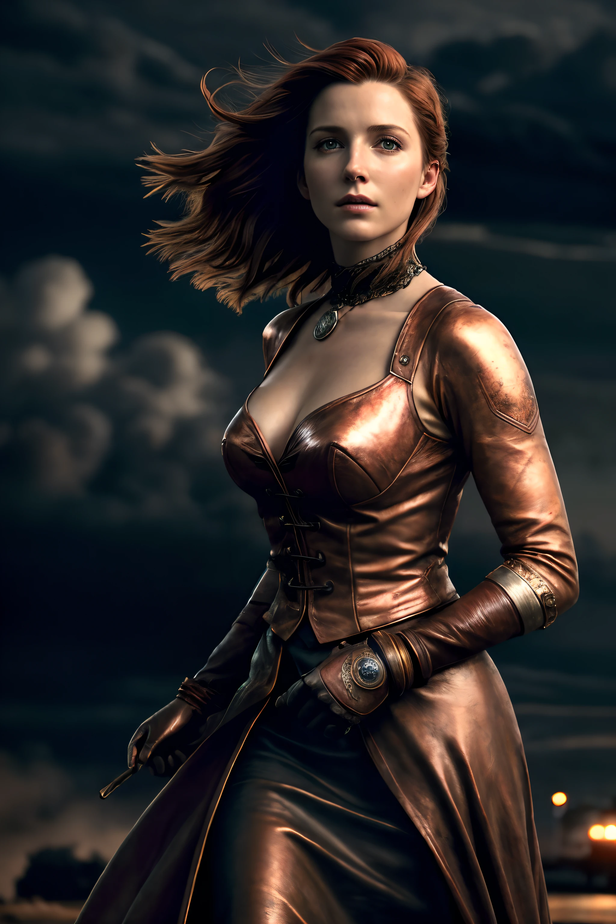 masterpiece, realistic, Photorealistic, ultra detailed, 8K, Raw photo, depth of field, Realistic light, Cinematic composition, skyscape with clouds, nightfall, depth of field, 35 mm, soft steampunk aesthetic, Kate Walker, full length portrait, short windblown skirt, smudge outline, like a "Syberia" game series, cute sexy, pleasure, depth of field, (Focus: 1.2), dark atmosphere, cinematic lighting, detailed face and skin texture, fine eyes, copper hair colour, action movie style, faded colours, steam locomotive on background