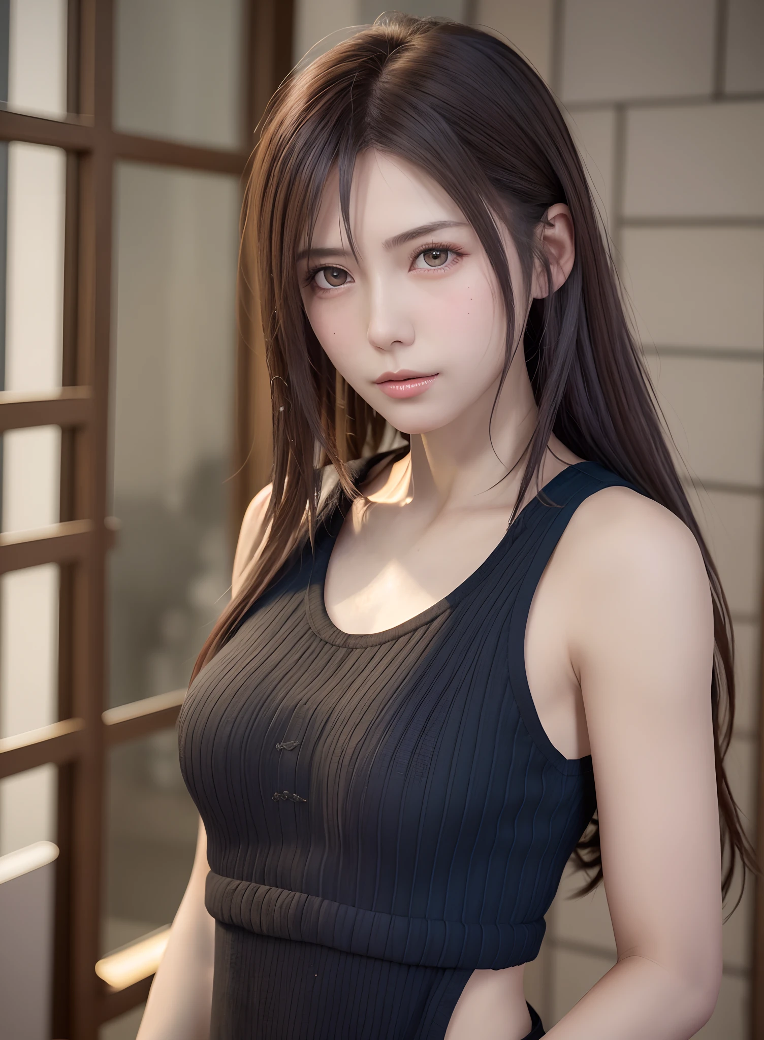 high quality picture, masutepiece, detailed hair texture, Detailed skin texture, Detailed Cloth Texture, 8K, Add fabric details, ultra detailed skin texture, ultra detailed photographic, Skin pores, Portrait of a girl, wearing tank top,