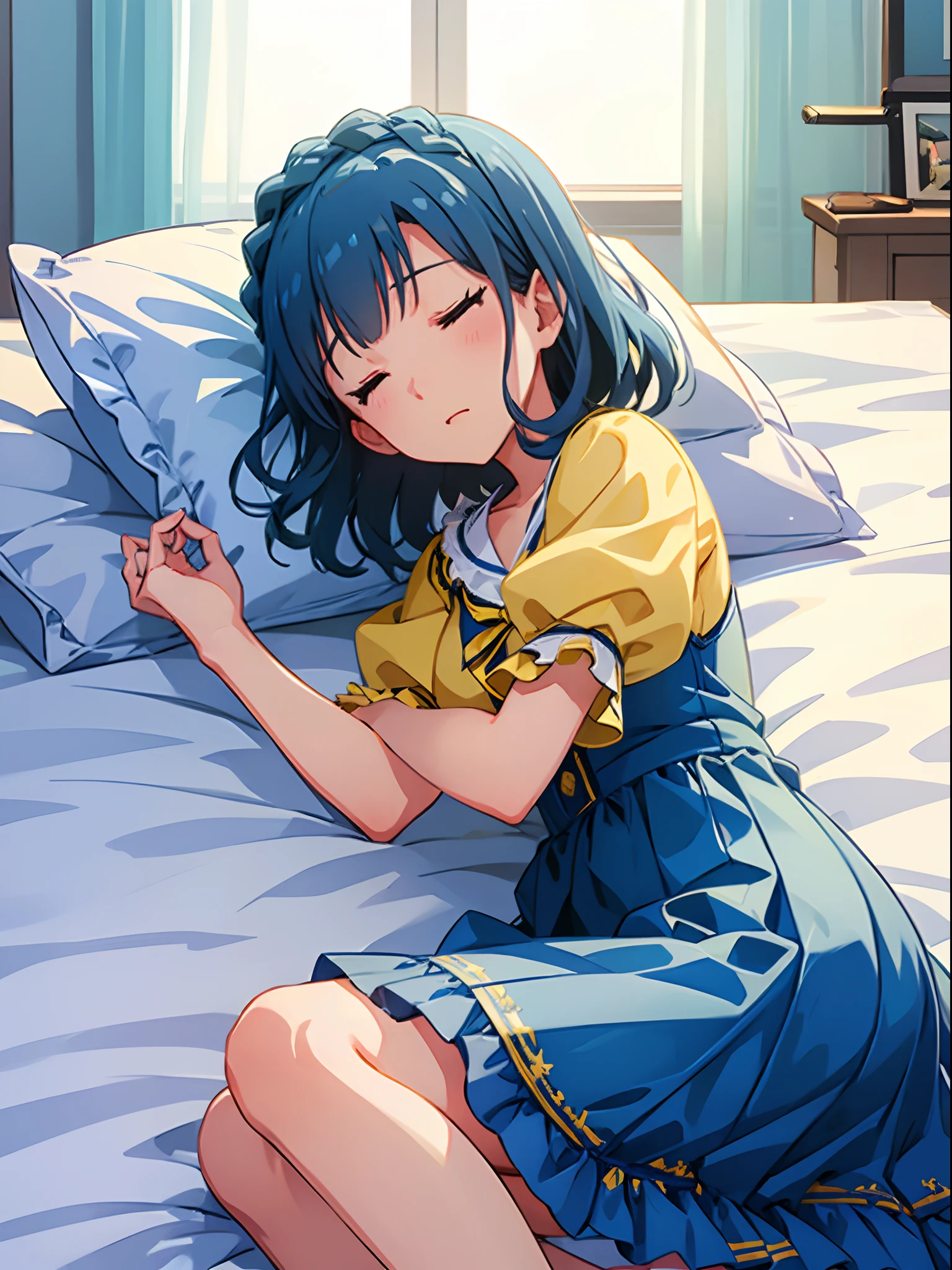 yuriko nanao (million live), 1 girl, Solo, Best Quality, masutepiece, 8K, High resolution, Ultra-detailed, lying on the bed, on side, sleeping on the bed, closed eyes, Light blue dress, Sailor Color Dress, Short sleeves, Puffy sleeves, (Yellow cardigan),