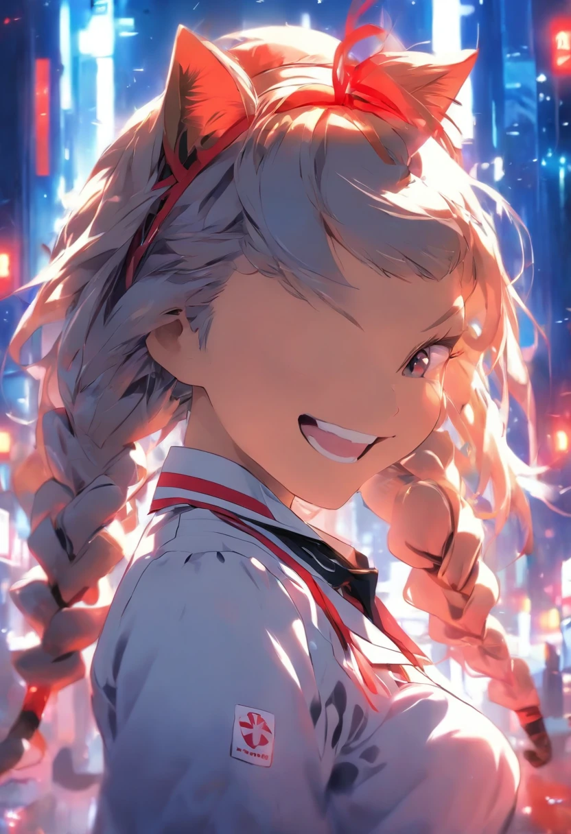 tmasterpiece, Need, bit girl，dual horsetail，cat ear，Nurse's uniform，a skirt，Sinister smile，Thick lines
