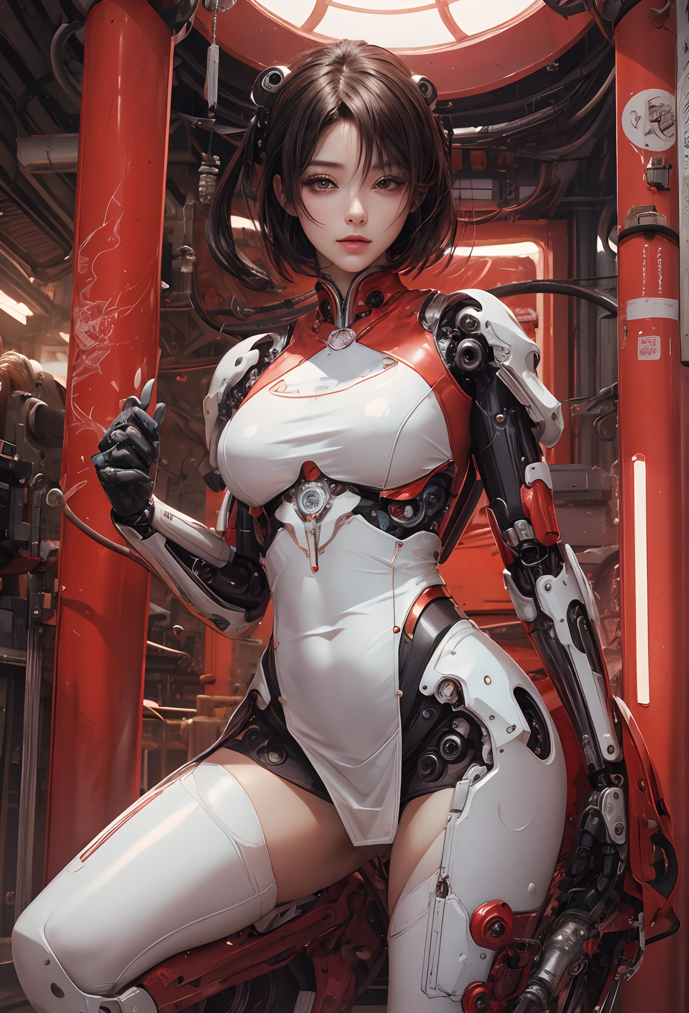 (Detailed illustrations,Very detailed and detailed drawing,Delicate lines with slow and rapid,Realistic texture expression),[Color tressed main line],[Briefing Room Background],([HENTAI] ANIME (ChineseGirl (Beautiful fece) Cyborg 15 years old) [short-haired]) SKINNY [[Kungfu]] Machine thighs [Built-in V8 engine:0.3],(Red tight dress) ([a panda] Translucent rubber inner),[[Silver coating:0.5]],(Science Fiction Mechanical [Bioengineering]),(Intricate and beautiful decoration [Dense detail]),(Fine and beautiful skin expression [Transparency]),[Perfect eye details (Iris beautifully drawn in every detail)[Jewel-like eyes]],[long and beautiful eyelashes],[Meticulously drawn hair [More on beautiful and shiny hair]],(Perfect hand details [Beautiful fingers without breakdowns [Beautiful nails]]),(Perfect ??????? (Perfectly proportioned)) [[Full body like]],[[Design built to the highest level]][Ideal color coordination(Accurate simulation of light-material interactions)],(HighQuality,[Precision Detail] hight resolution,(detaileds,high-detail)),[Visual art that conveys a sense of narrative].