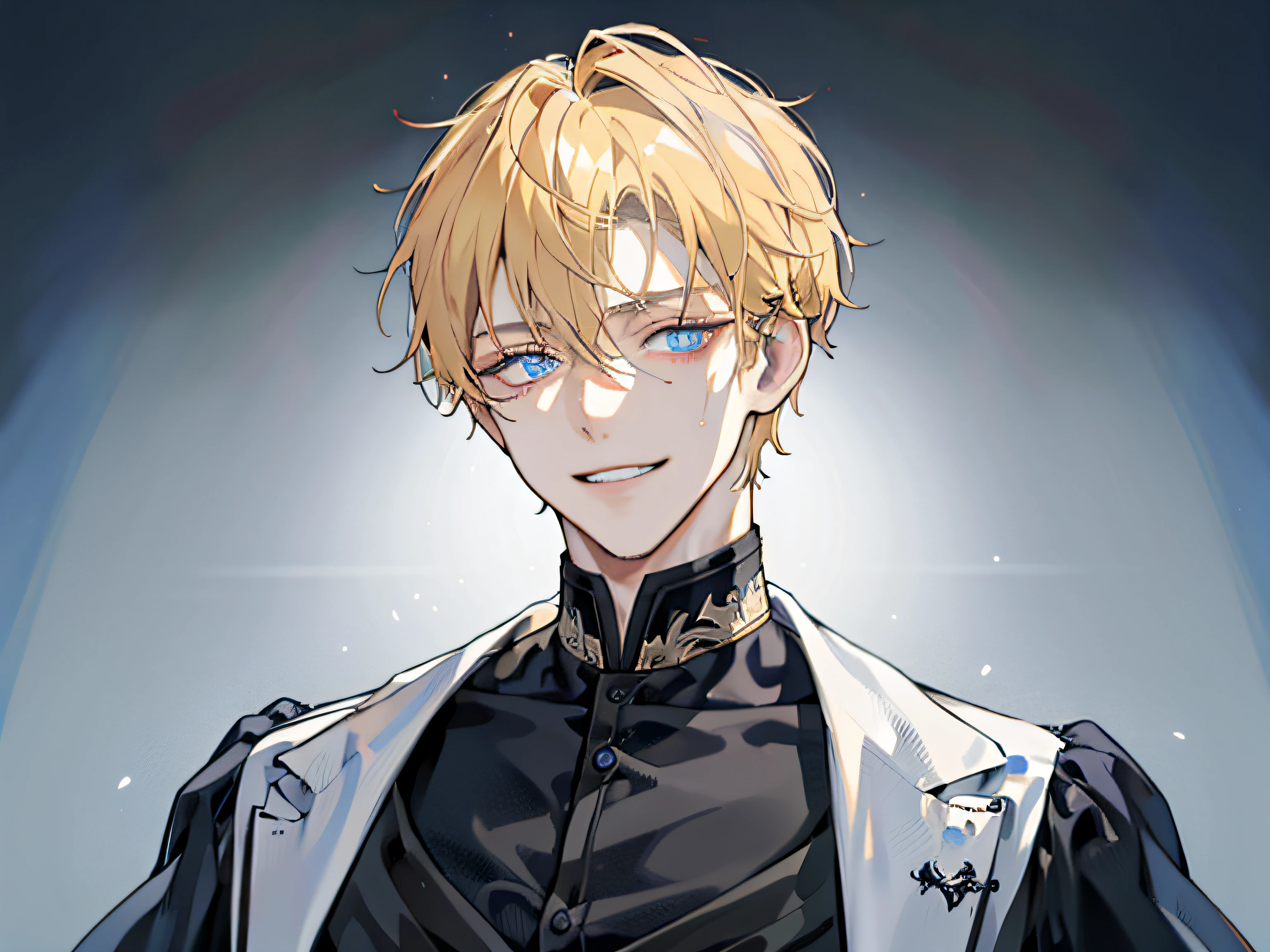 a handsome man,1 boy, Blonde hair, Blue eyes, 20 years old,,Shaded face、Scary smile、Psychopathic grin,creepy expression,mad look,Background Black