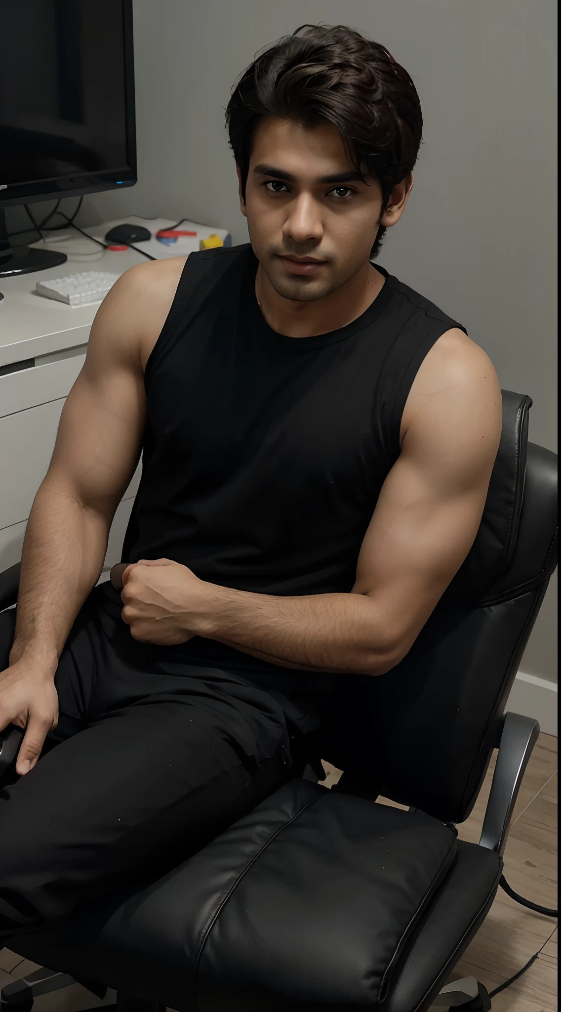 A young handsome guy name Rahul showing full body siting on gaming chair wearing black sleeveless shirt