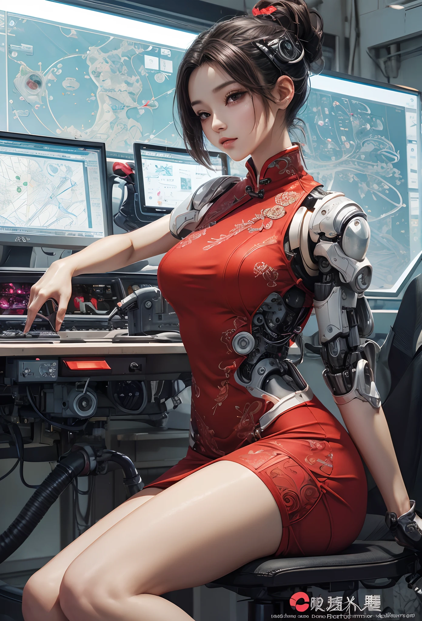 (Detailed illustrations,Very detailed and detailed drawing,Delicate lines with slow and rapid,Realistic texture expression),[Color tressed main line],[Briefing Room Background],([HENTAI] ANIME (ChineseGirl (Beautiful fece) Cyborg 15 years old) [short-haired]) SKINNY [[Kungfu]] Machine thighs [Built-in V8 engine:0.3],(Red tight dress) ([a panda] Translucent rubber inner),[[Silver coating:0.5]],(Science Fiction Mechanical [Bioengineering]),(Intricate and beautiful decoration [Dense detail]),(Fine and beautiful skin expression [Transparency]),[Perfect eye details (Iris beautifully drawn in every detail)[Jewel-like eyes]],[long and beautiful eyelashes],[Meticulously drawn hair [More on beautiful and shiny hair]],(Perfect hand details [Beautiful fingers without breakdowns [Beautiful nails]]),(Perfect Anatomy (Perfectly proportioned)) [[Full body like]],[[Design built to the highest level]][Ideal color coordination(Accurate simulation of light-material interactions)],(HighQuality,[Precision Detail] hight resolution,(detaileds,high-detail)),[Visual art that conveys a sense of narrative].