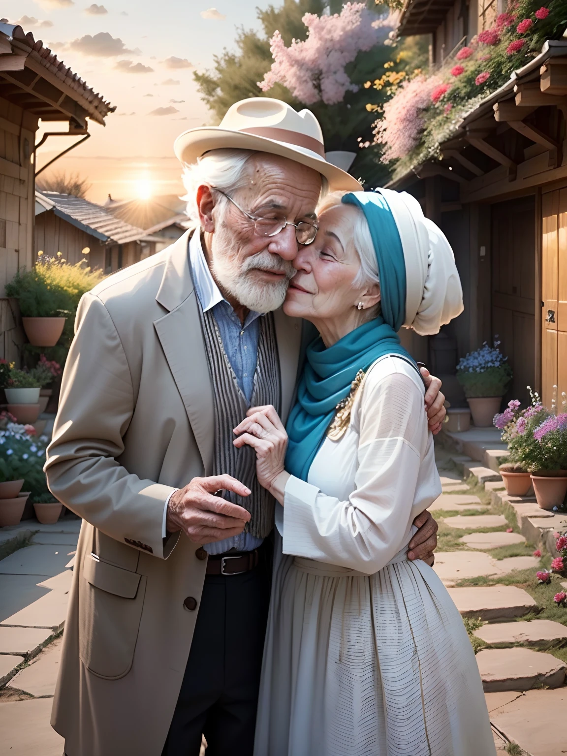 It shows an elderly couple in a traditional Iranian village. The man and woman are embracing and kissing. They are clearly deeply in love and happy, The man is 80 years old, with a long white beard and hair and wearing hat. The woman is also 80 years old, and she is wearing a traditional headscarf and dress. They are standing in a flower garden, and the sun is setting in the background. It is springtime, and the flowers are in full bloom., even after many years of marriage. The scene is a reminder that love can last a lifetime.