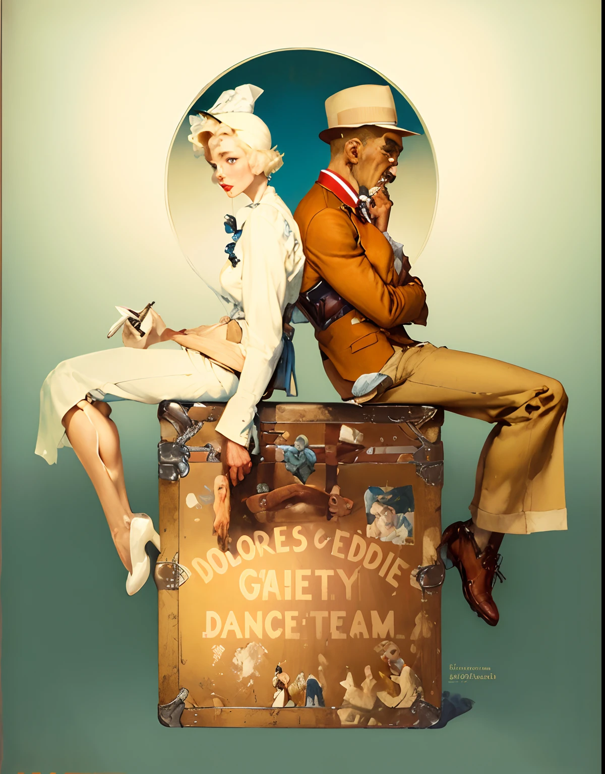 They're sitting in a suitcase with a man and a woman sitting in it, Andnorman Rockwell, Estilo de arte de Norman Rockwell, Estilo Norman Rockwell, Estilo de Norman Rockwell, Norman Rockwell J, Norman Rockwell, Norman Rockwell Akihiko Yoshida, Estilo Leyendecker, No estilo de Norman Rockwell, Artista Norman Rockwell, parte estilo Leyendecker, Leyendecker, pintura de Norman Rockwell