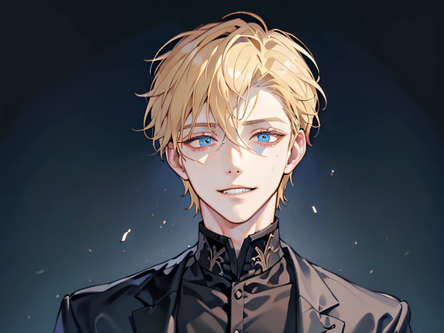 a handsome man,1 boy, Blonde hair, Blue eyes, 20 years old,,Shaded face、Scary smile、Psychopathic smile,creepy expression,mad look,Dynamic Angle,Background black