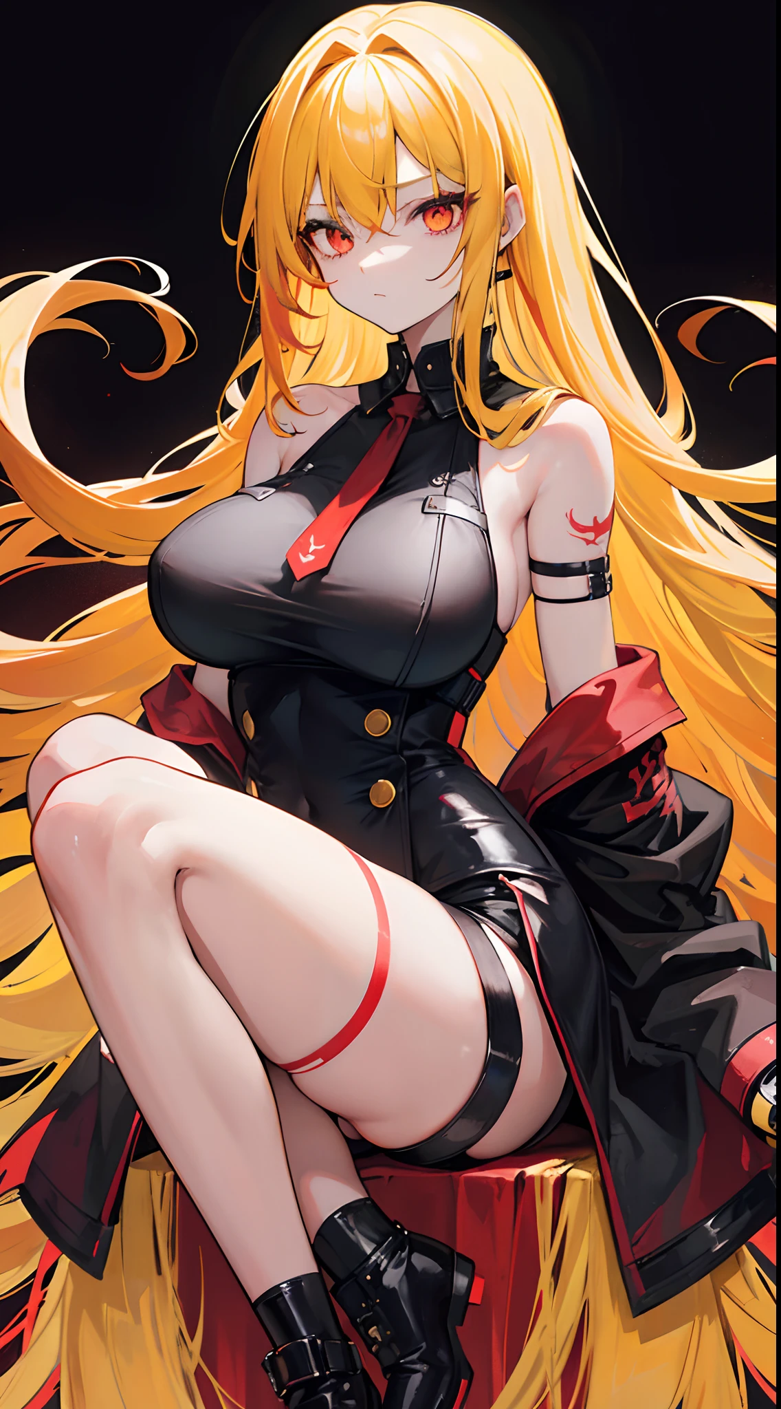Long dark yellow hair,High red eyes,Loving pupils,Black wide showing half shoulders with short sleeves,huge tit,Tattoos on the arms,Black shorts,Tall girl,black lence stockings,A bad age girl,The eyes are shining,high light,a warm color palette,
