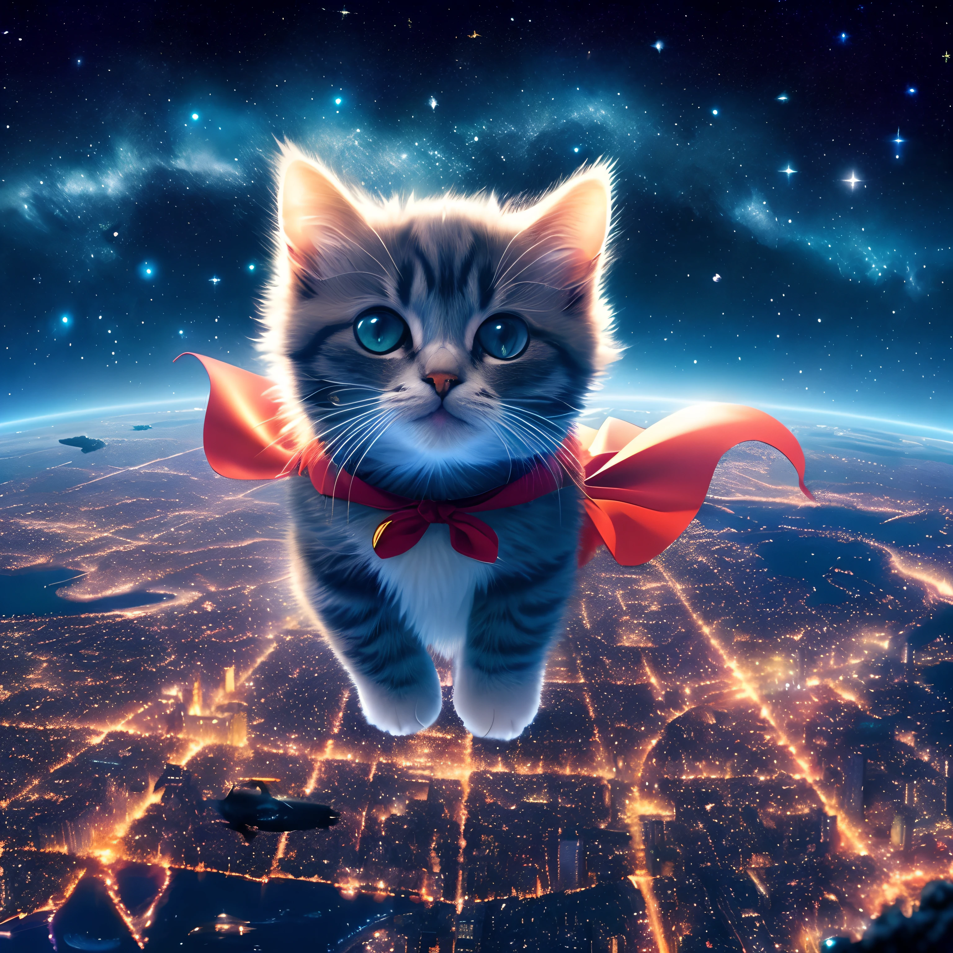 Cat with moonlight sunshine eyes , arafed cat flying over a city at night with a cape, cat - superman, cat in space, kittens in outer space, fat cat superhero, space cat, planet of the cats, beeple and jeremiah ketner, electric cats that fly over ice, fantasy matte painting,cute, superhero with a cat head, cat summons a spaceship, amazing wallpaper