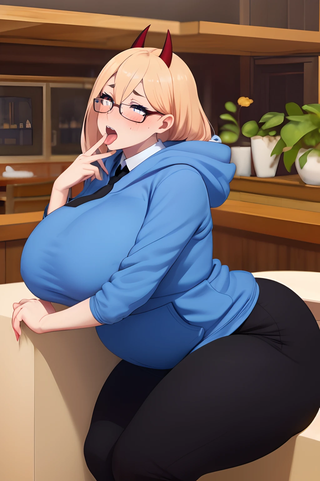 (masterpiece, best quality:1.2), cowboy shot, solo, 1girl, power \(csm\), sharp teeth,ahegao, cross-shaped pupils, ((blue hoodie)),((white collared shirt)), black necktie, black pants, wide hips, thick thighs, huge ass, enormous huge natural sagging breasts, cleavage, mature mom, floating hearts, animification, sitting, puffy lips, (((bimbo))), pregnant belly,  cross-eyed.