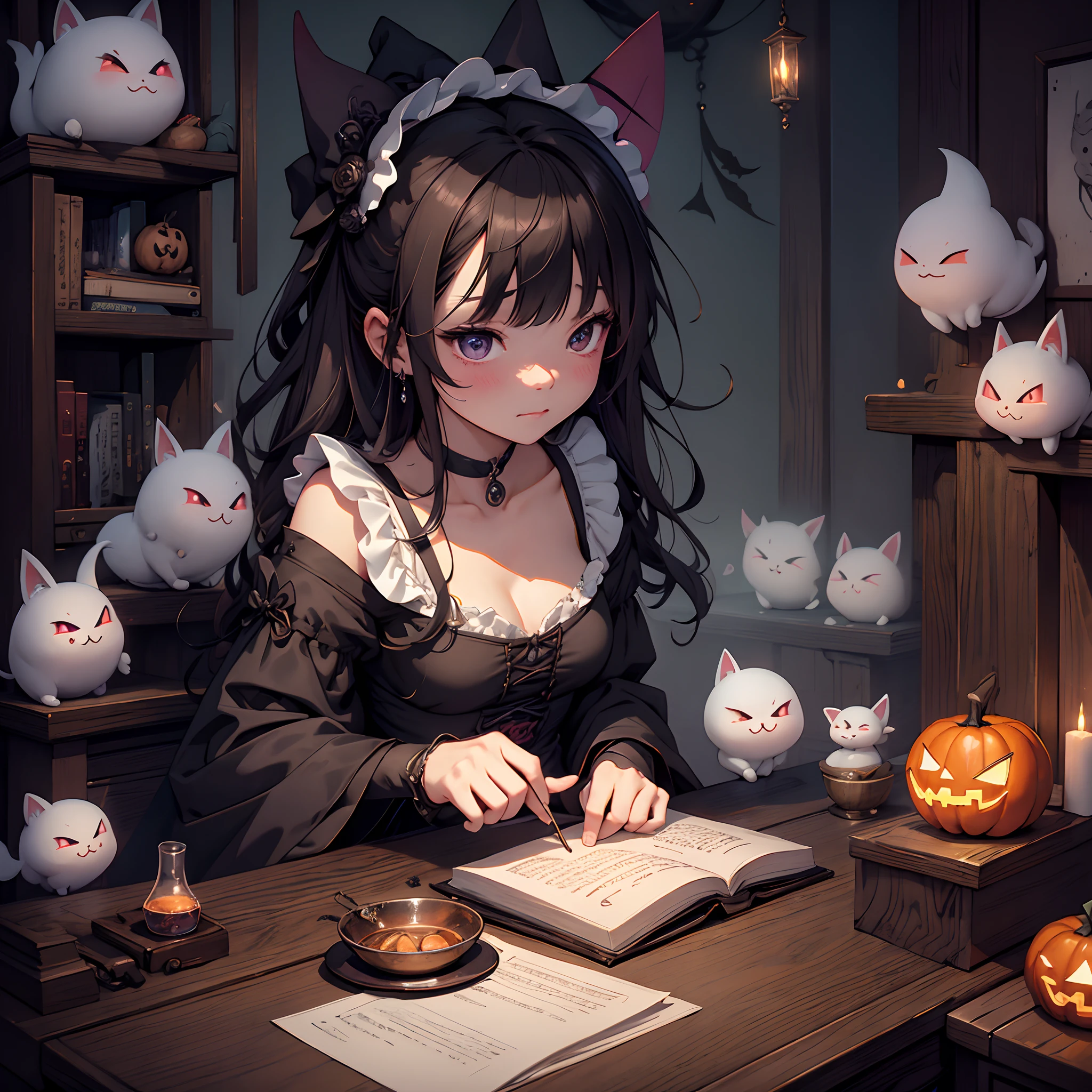 Professional animation quality、masterpiece、hightquality、Saturation coloring、2D、独奏、Kawaii Girl、with round face、Marume、Bandage smeared、Cute neck choker in black、Realistic fabric style、maid clothes、Witch Apprentice's Magic Failure、Magic runs wild、Majin Summons、Halloween Party、horor、ghost、Witch's Mansion、Old-fashioned staircase、Black chandelier、Dark imagery、Black Fantasy、