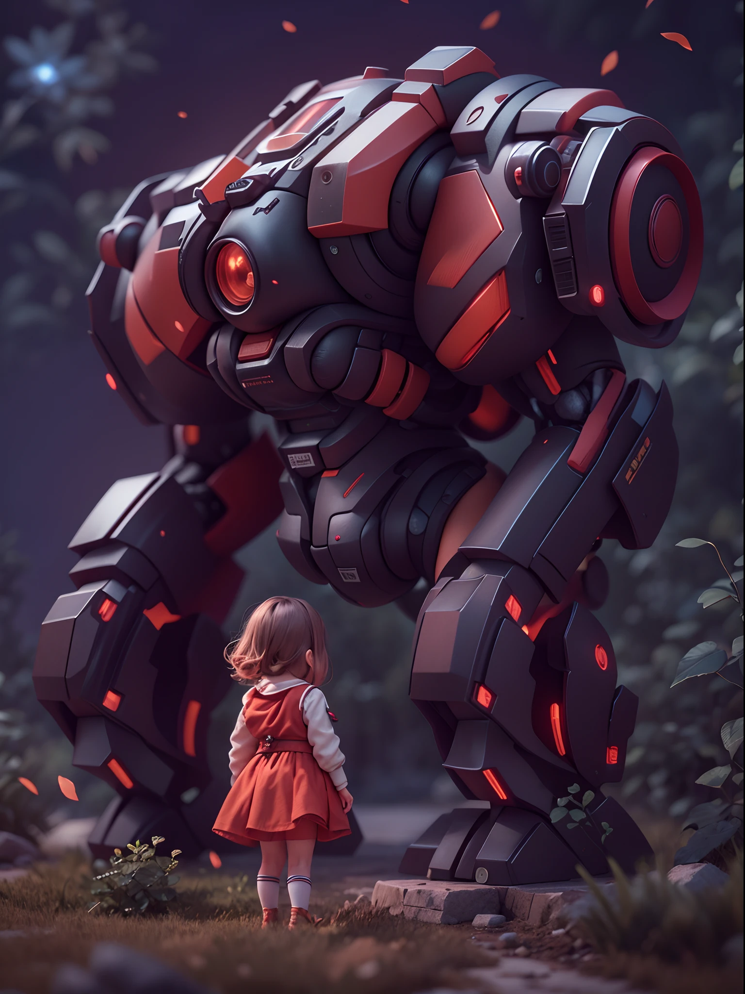 (Best quality,A high resolution,Masterpiece:1.2),(A black and red mech warrior,humongous large breast。)(Guarding the cute little girl,eyes with brightness,voluminous hair),3D rendering of,globalillumination