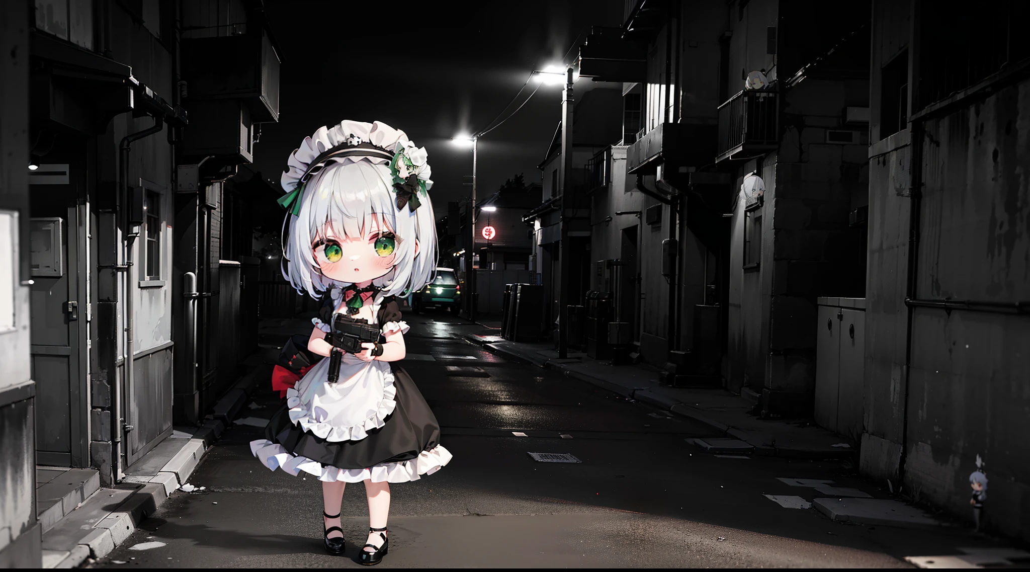 A  chibi girl standing sideways, noir, night street, (chibi):1.3, short white hair, red maid dress, very small tit, (bright green eyes), black and white, 50s movie style, a revolver pistol in the hand, full growth, hat, dark atmosphere, anonymous mask