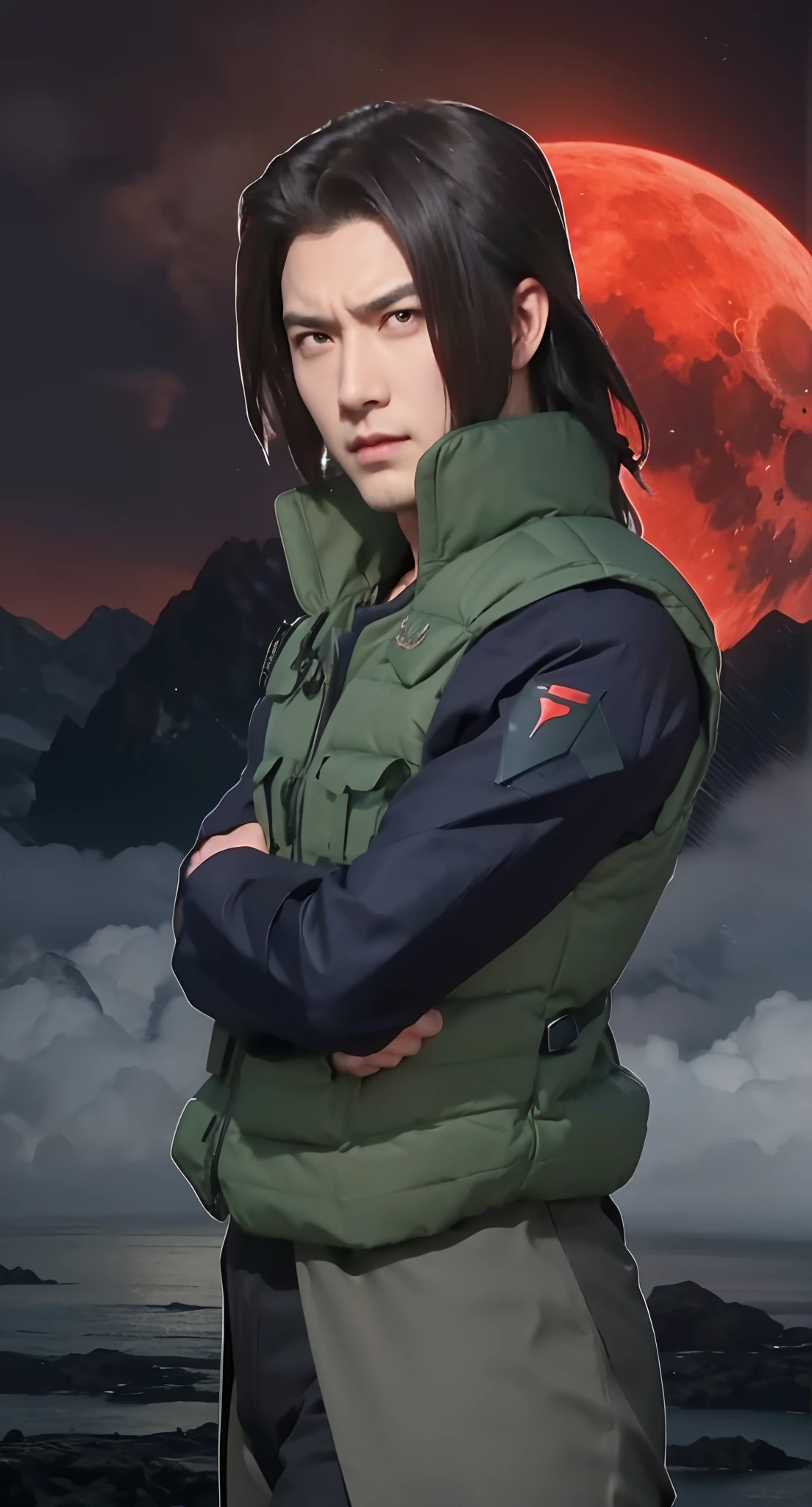 Real life adaption of this character, adult handsome face, villain expression, looking to viewer,realistic same hair , realistic same outfit wear Bulletproof green vest, realistic same logo printed on shoulder,realistic red moon background, hyper realistic, realistic light, realistic shadow, realism,(photorealistic:1.2)