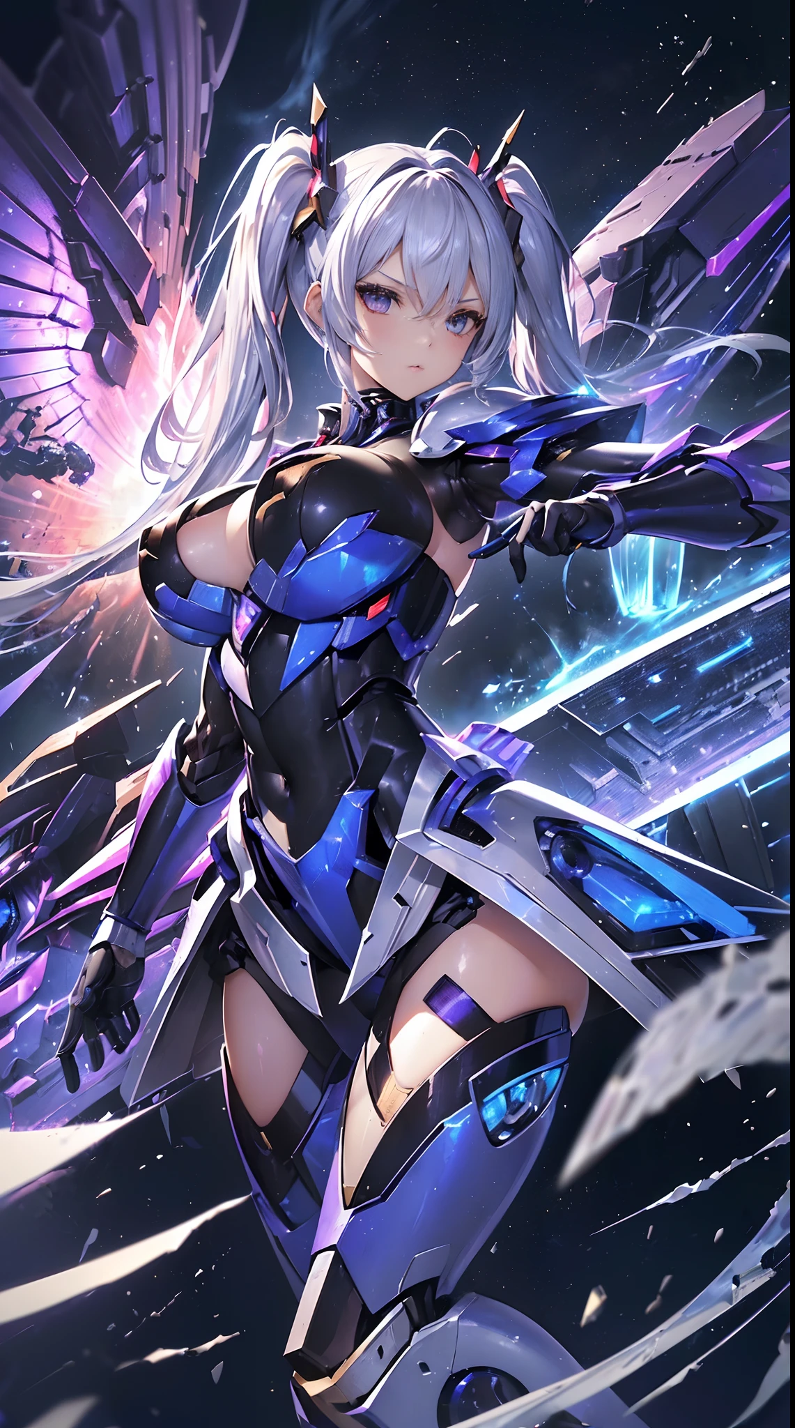 ((Masterpiece:1.2)), ((highest quality)), (Ultra High Resolution), super fine illustration, (highly detailed face), detailed metal texture, detailed cloth texture, perfect anatomy, raw photo, professional, ultra-fine painting, real, ((Solo)), ((Woman Dressed as a Mecha Angel)), Beautiful Breasts, (Battle scene), ((Action pose)), ((Has silver hair with twin tails and large blue-purple symmetrical mecha wings: 1.8)), ((Mecha:1.2))Smooth and menacing. Designs like ((Marshal's Weapons)), ((Marshal's Purple Mechanical Armor Dress)), Concept Art, Anime Science Fantasy Artwork, Detailed Fantasy Art, otherworldly, Starry sky, no robot, (NSFW)