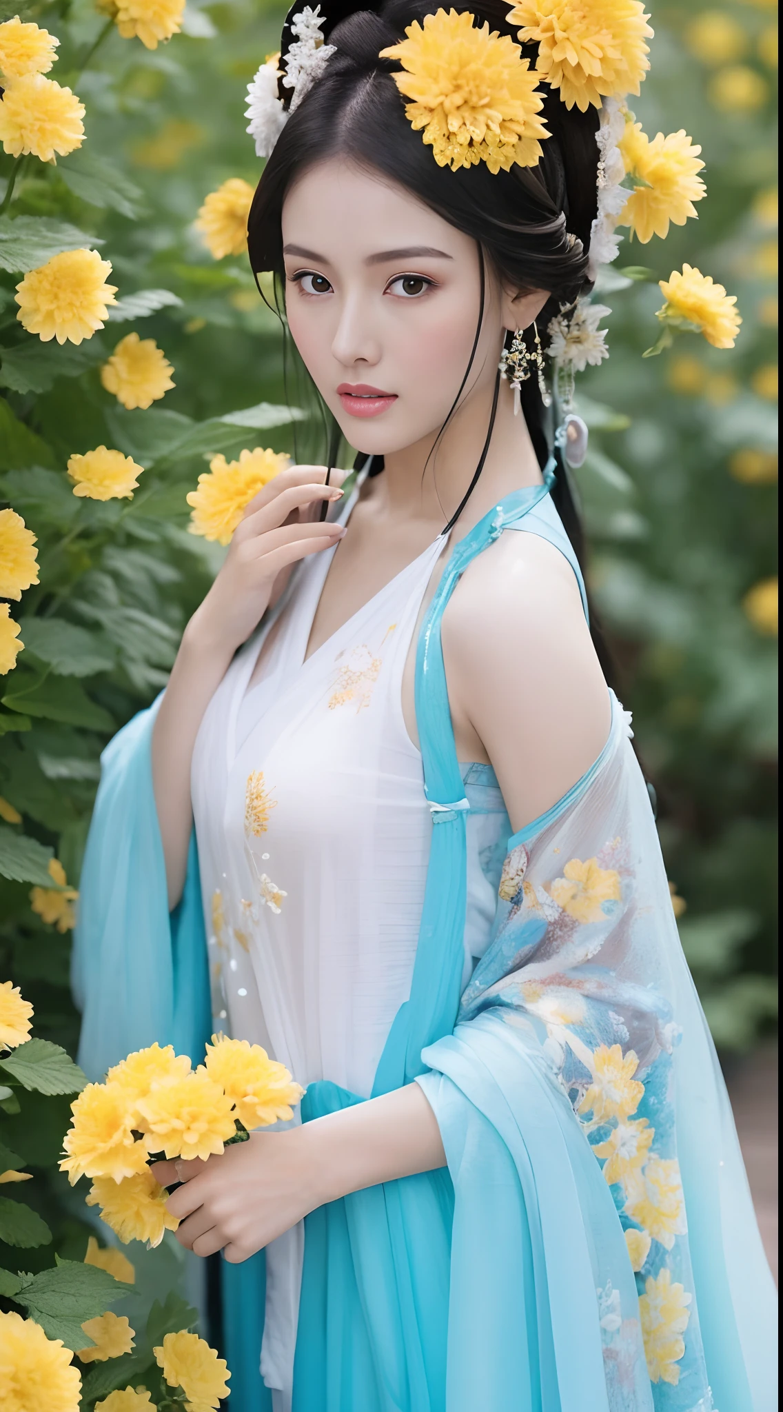 Fashion model 18 years old [[[[closeup cleavage]]]], [[[[boobgasm]]]], [[[[coll]]]], [[[[bshoulders]]]], perfect  eyes, Perfect iris，Perfect lips，perfect teeth，Perfect skin，with fair skin，hdr，Movie girl，White ancient Chinese clothing，A delicate face，voluptuous figure，Long legs，fully body photo，exteriors，((Behind him are patches of yellow chrysanthemums)),4K Ultra HD, 超高分辨率, (Photorealistic: 1.4), Best quality，Masterpiece，Utra dilution，（pastel colour：1.2）