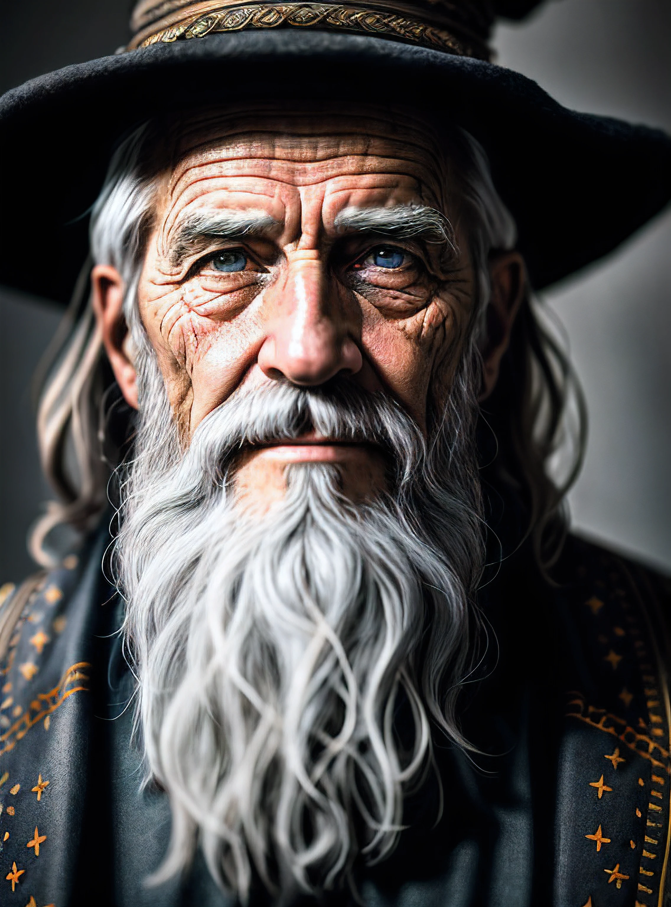 A portrait of a wizard, bearded, wrinkled, weathered, with piercing eyes, detailed face, high details, photography, dark studio, rim light, Nikon D850, 50mm, f/1.4