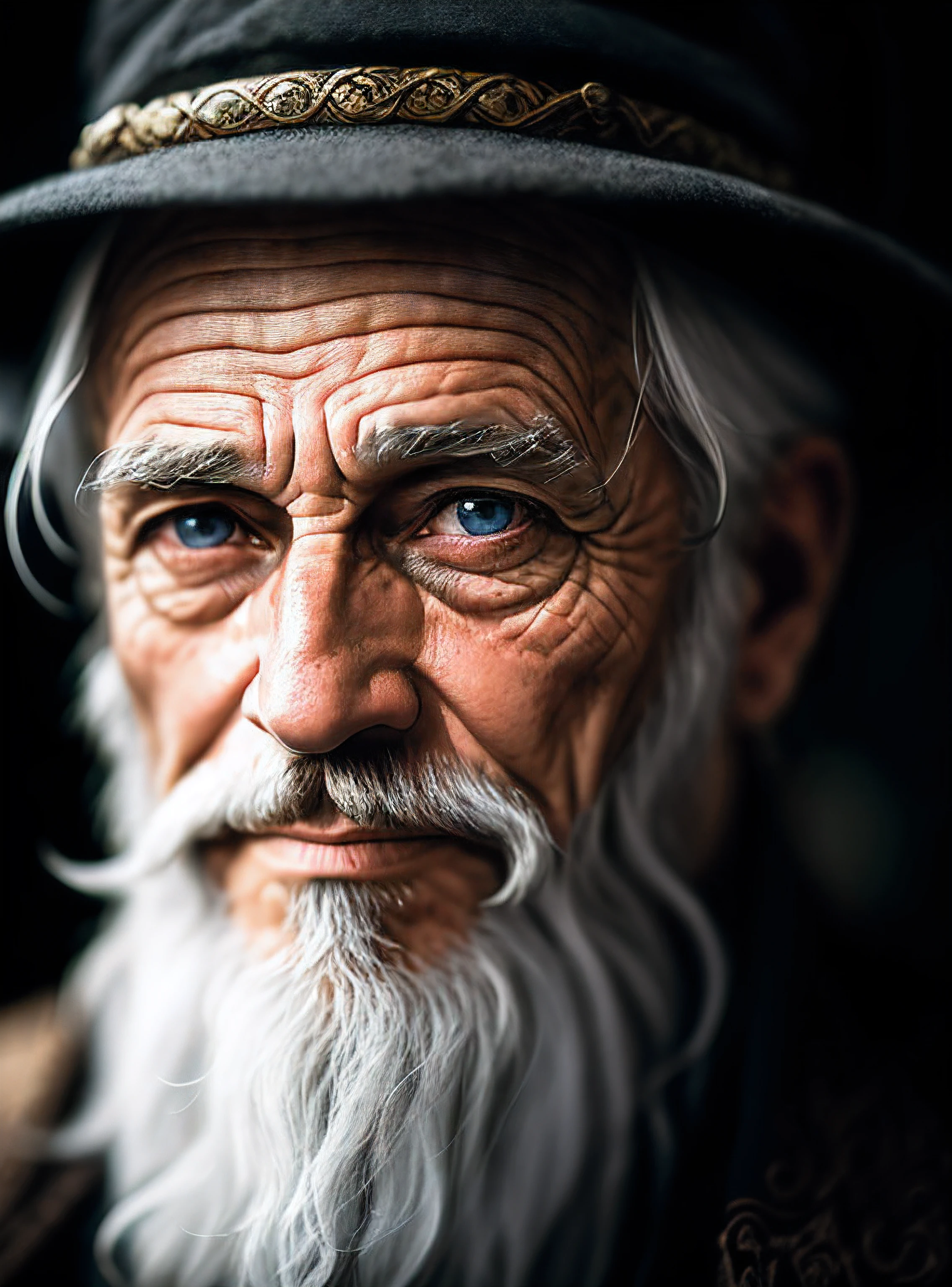 A portrait of a wizard, bearded, wrinkled, weathered, with piercing eyes, detailed face, high details, photography, dark studio, rim light, Nikon D850, 50mm, f/1.4
