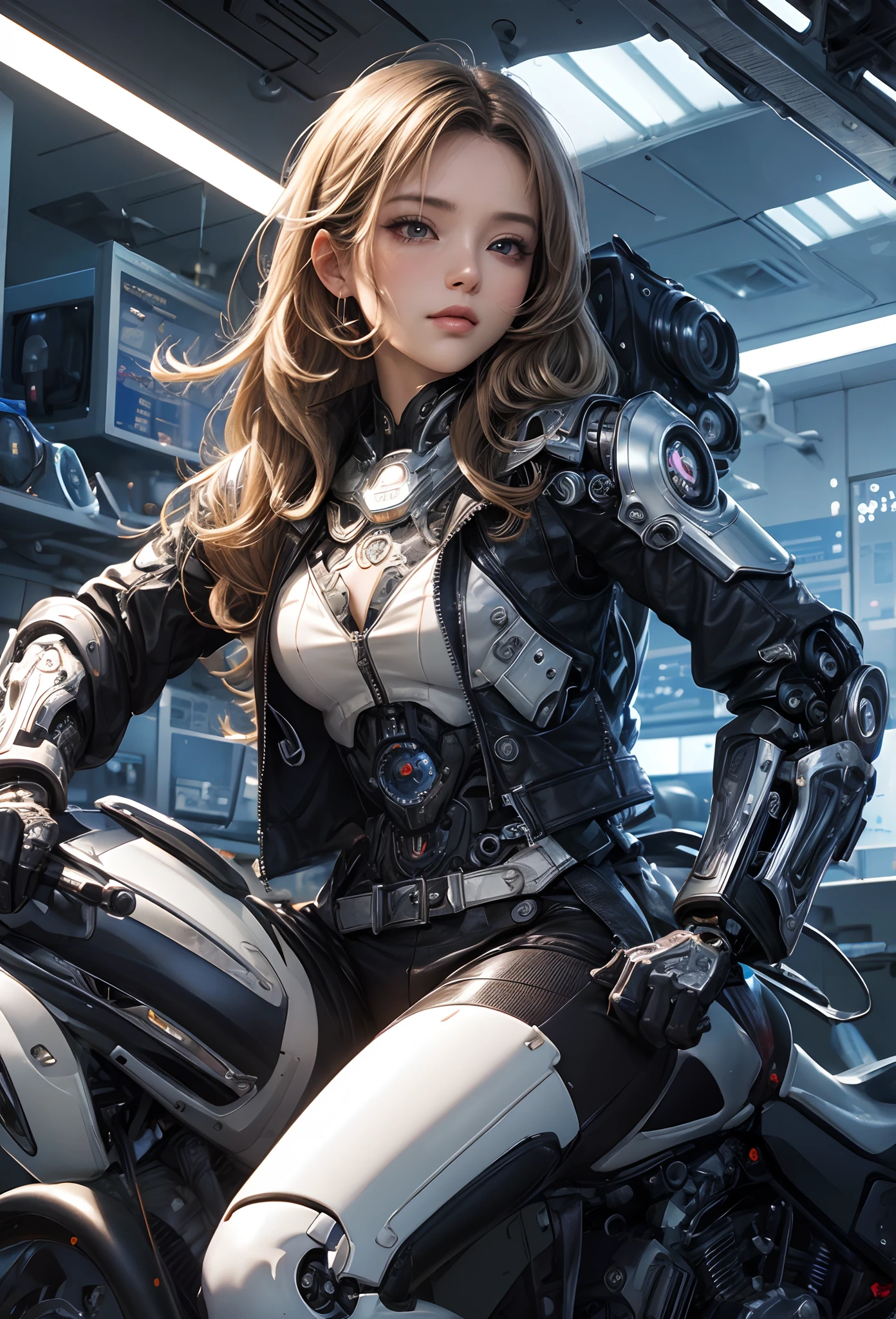 (Detailed illustrations,Very detailed and detailed drawing,Delicate lines with slow and rapid,Realistic texture expression),[Color tressed main line],[Briefing Room Background],([HENTAI] ANIME (JapaneseGirl (Beautiful fece) Cyborg ) [Wild Hair]) well-muscled [[KARATE]] Both arms of the machine [Built-in V8 engine:0.3],(Black leather jacket) ([a tiger] Translucent rubber inner) [Tiger Stripe],[[Chrome coating:0.5]],(Science Fiction Mechanical [Bioengineering]),(Intricate and beautiful decoration [Dense detail]),(Fine and beautiful skin expression [Transparency]),[Perfect eye details (Iris beautifully drawn in every detail)[Jewel-like eyes]],[long and beautiful eyelashes],[Meticulously drawn hair [More on beautiful and shiny hair]],(Perfect hand details [Beautiful fingers without breakdowns [Beautiful nails]]),(Perfect Anatomy (Perfectly proportioned)) [[Full body like]],[Ideal color coordination(Accurate simulation of light-material interactions)],(HighQuality,[Precision Detail] hight resolution,(detaileds,high-detail)),[Visual art that conveys a sense of narrative].