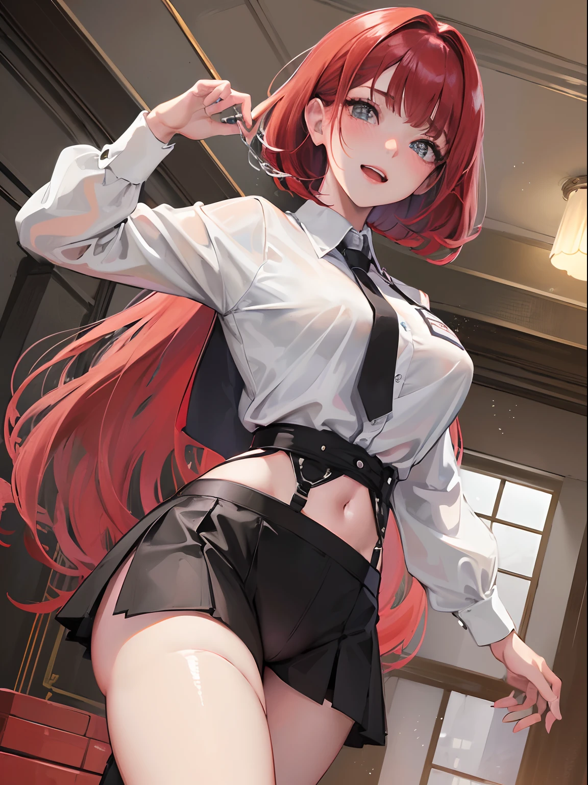 (8K, Raw foto, Best Quality, masutepiece:1.2), (realisitic, Photorealcitic:1.37), Natural, (Symmetrical clear eyes:1.3),超High Resolution A, super detaill, extremely highly detailed, Detailed skins, shiny hair, clean teeth, (finerly detailed face:1.2), Cinematic light, Beautie,1girll, blush, bob cuts, Red hair, Grey eyes, large full breasts, cowboy shots, Put your hands on your feet, leg up, Long sleeves, looking up at viewer, skirt, Open mouth, Black panties, pantyshot, White shirt, school_Uniform, Smile, Solo, Standing on one leg, Standing Split, Thighs thighs Thighs, cameltoe, indoor, smirking