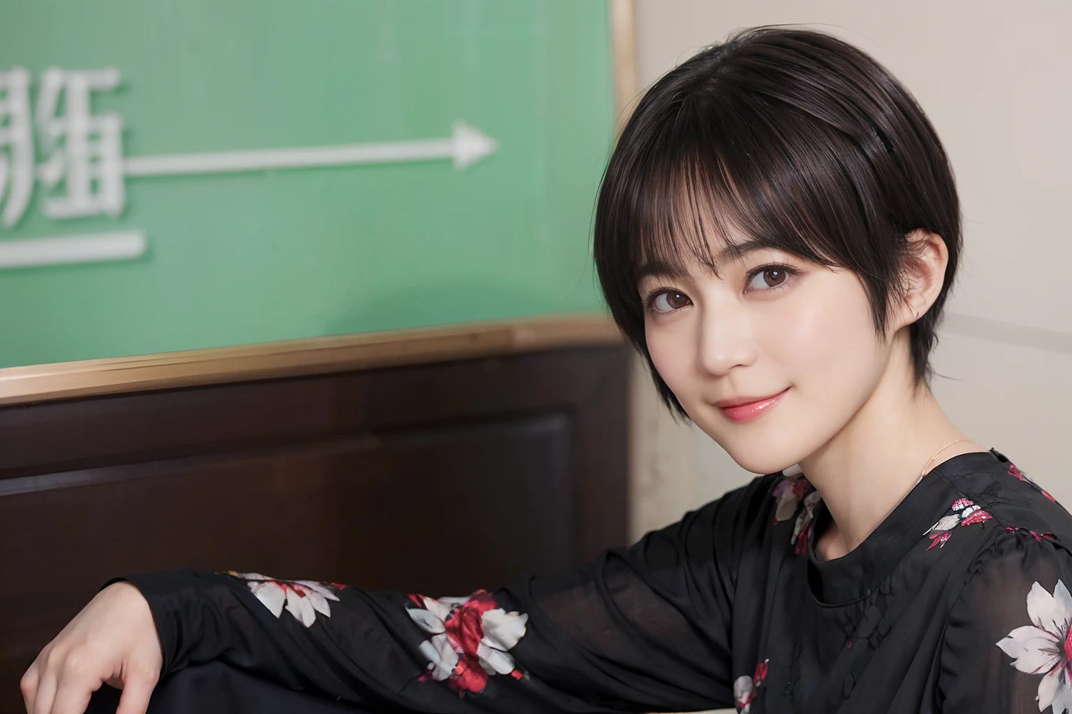 58
(a 20 yo woman), (A hyper-realistic), (masutepiece), ((A dark-haired、short-hair:1.3)), (Breast), kindly smile, (Clothes printed with anime characters)