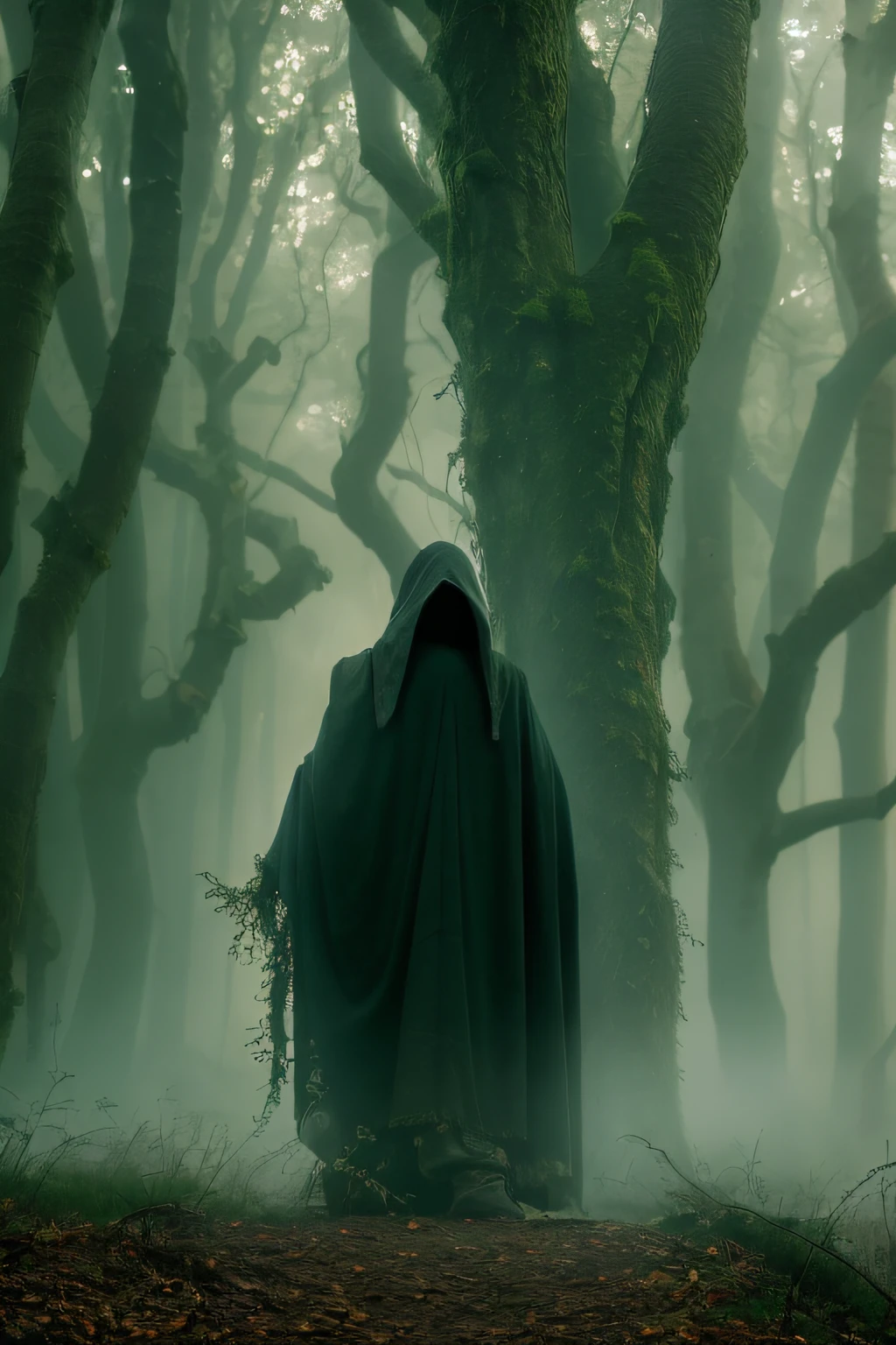 Amidst a dense forest shrouded in mist, a Dementor from Harry Potter with anxiety wanders through the labyrinth of trees. The air is thick with an eerie silence, and the Dementor apprehension is capable as they look over their shoulder, feeling an inexplicable fear of the unknown. The ethereal quality of the woods adds to the sense of foreboding, making it seem like a place from a haunting fairy tale. The photograph captures the feeling of being lost in one's thoughts and emotions, surrounded by a haunting beauty that mirrors their inner struggles. Photo taken by Elena Petrova with a Nikon D850 and a 50mm lens, utilizing natural light and subtle artificial lighting to create a mystical and emotive scene. --v 5 --q 2