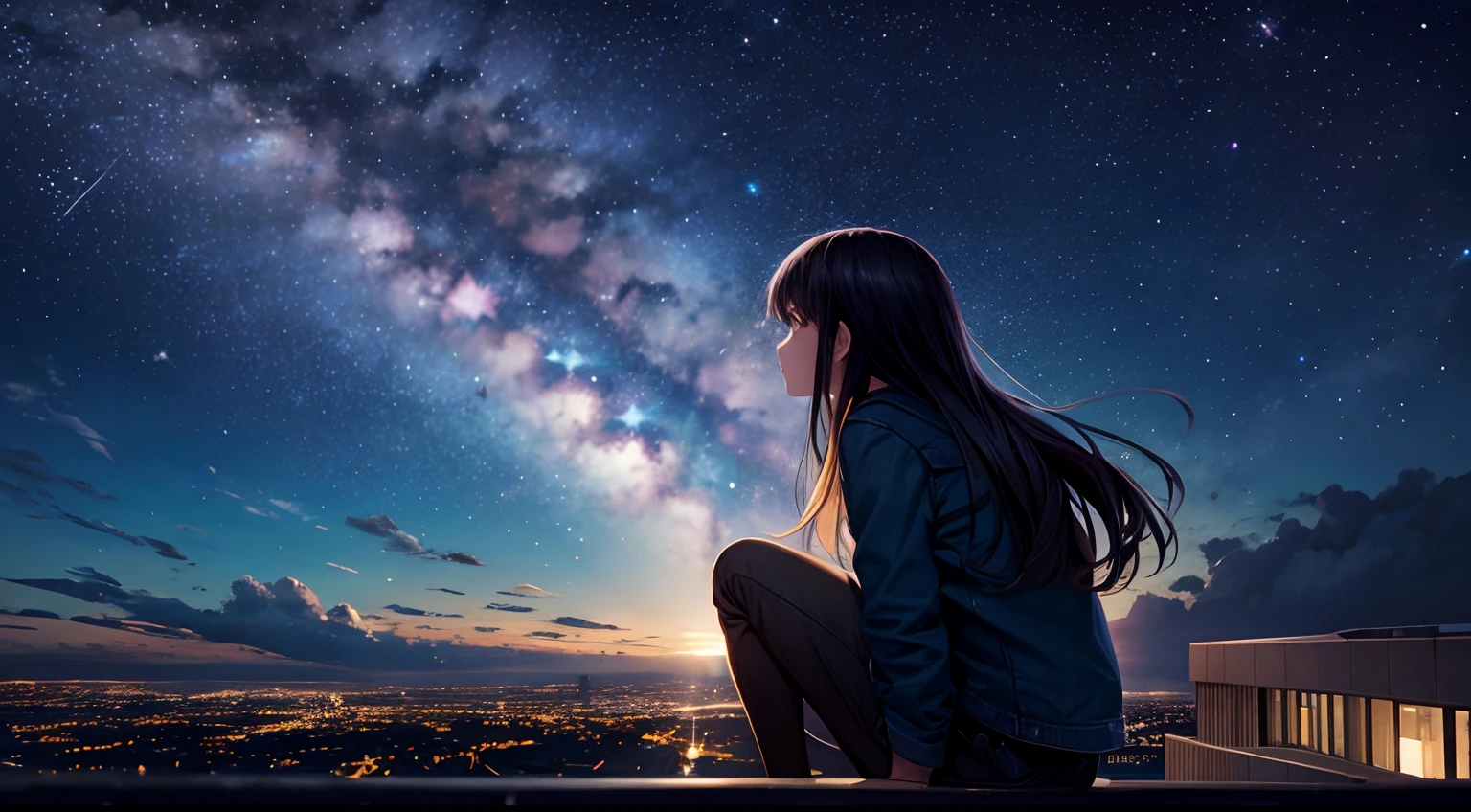 octans, sky, star (sky), scenery, starry sky, night, 1girl, night sky, solo, outdoors, building, cloud, milky way, sitting, tree, long hair, city, silhouette, cityscape
