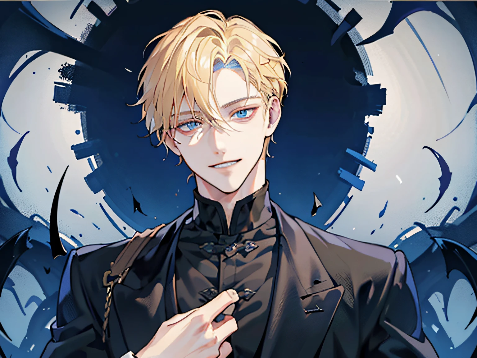 a handsome man,1 boy, Blonde hair, Blue eyes, 20 years old,,Shaded face、Scary smile、Psychopathic smile,creepy expression,mad look,Dynamic Angle,Background black