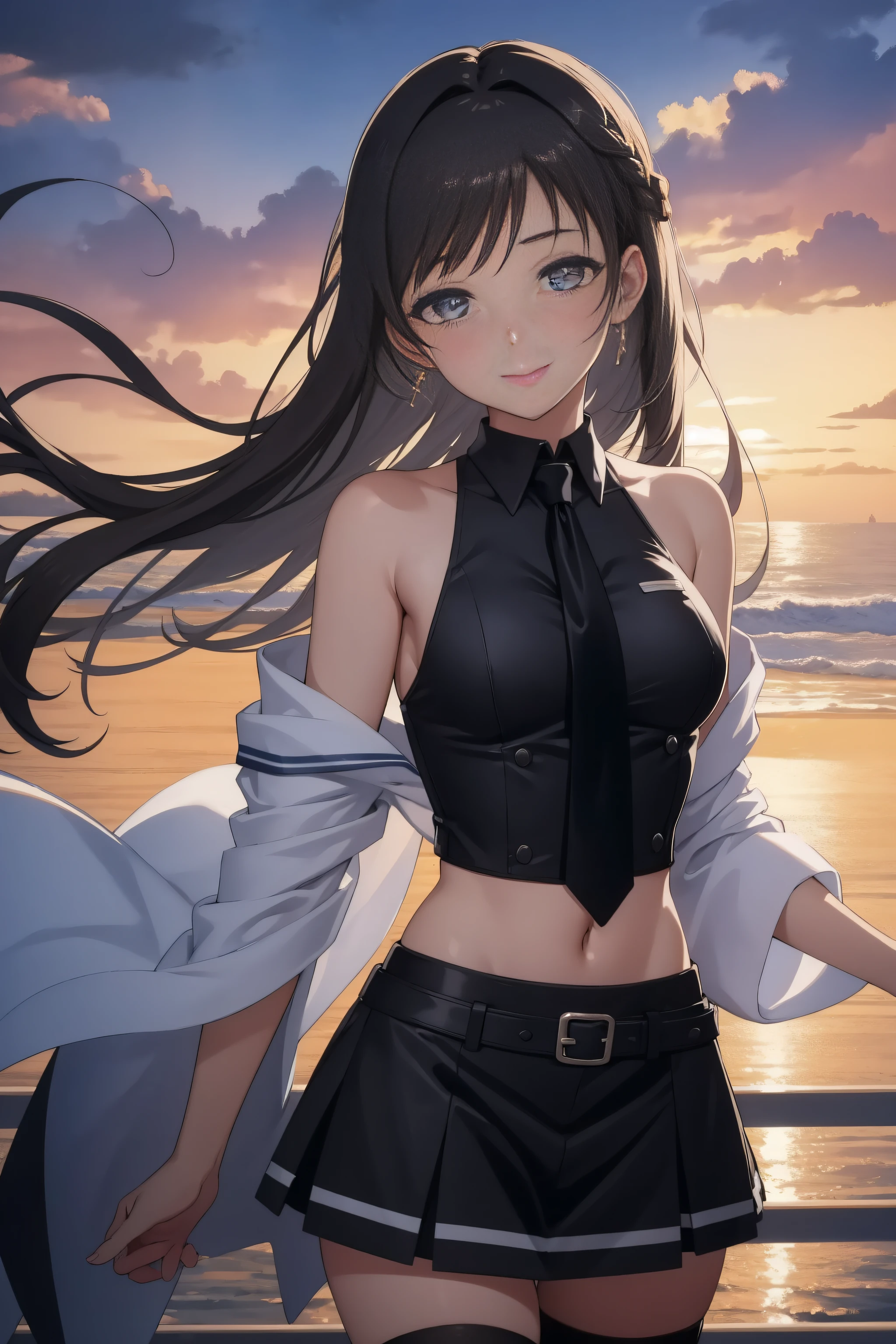 (day:1.7), sky background,a blue sky and clouds,
standing at attention,
wearing bare shoulders, black necktie, black thighhighs, braid, miniskirt, navel, necktie, shirt, sleeveless,
aanitta, long hair, hair ornament,
1 girl, 20yo,mature female,Beautiful Finger,Beautiful long legs,Beautiful body,Beautiful Nose,Beautiful character design, perfect eyes, perfect face,
looking at viewer,smile,
NSFW,official art,extremely detailed CG unity 8k wallpaper, perfect lighting,Colorful, Bright_Front_face_Lighting,
(masterpiece:1.0),(best_quality:1.0), ultra high res,4K,ultra-detailed,
photography, 8K, HDR, highres, absurdres:1.2, Kodak portra 400, film grain, blurry background, bokeh:1.2, lens flare, (vibrant_color:1.2)
(Beautiful,medium_Breasts:1.4), (beautiful_face:1.5),(narrow_waist),(perfect hands, perfect anatomy),