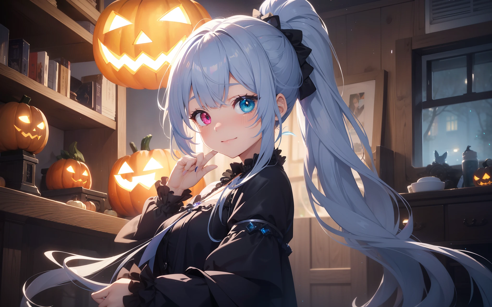 Highest quality、Photorealsitic、The ultra-detailliert、delicate、orderly、High Details、bluish-silver ponytail、(Drooping heterochromia iris:1.4)、Gamine、10yaers old、embarrassed from、a smile、A slender、fullllbody、blured background、(1 girl in:1.2)、GameCG、dynamic ungle、(Bioluminescent hair、radiant eyes:1.2)、ambient occlusion、ambient lights、ray trace reflection、Glow、glowing aura、Radiant hair、Halloween, jack-o-lanterns,Night,Large quantities of jack-o'-lanterns, fullmoon、(Mummy girl with white bandages from head to foot,Naked bandage:1.5)、mummy,