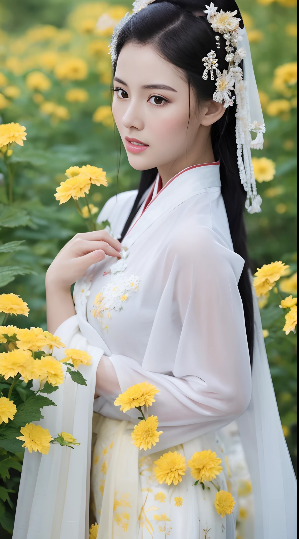 Fashion model 18 years old [[[[closeup cleavage]]]], [[[[boobgasm]]]], [[[[coll]]]], [[[[bshoulders]]]], perfect  eyes, Perfect iris，Perfect lips，perfect teeth，Perfect skin，with fair skin，hdr，Movie girl，White ancient Chinese clothing，A delicate face，voluptuous figure，Long legs，fully body photo，exteriors，((Behind him are patches of yellow chrysanthemums)),4K Ultra HD, 超高分辨率, (Photorealistic: 1.4), Best quality，Masterpiece，Utra dilution，（pastel colour：1.2）