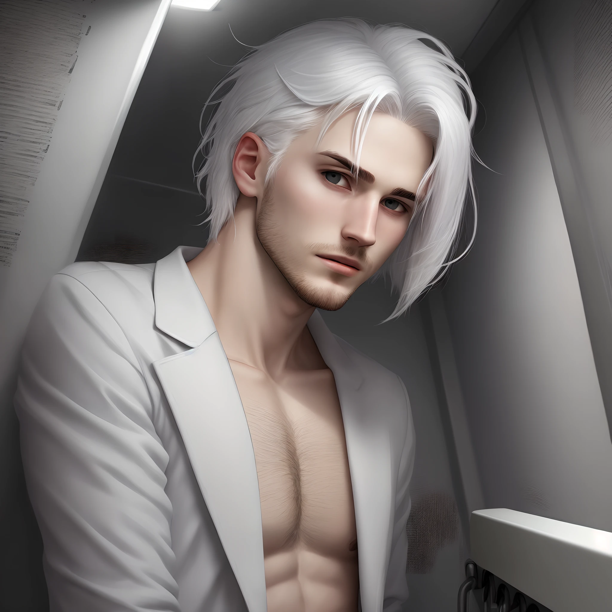 (masterpiece, best quality, detailed), 1boy androgynous and effeminate , solo, looking at viewer, candace, (pale skin, white-skinned boy androgynous 1.3), no breasts, short hair with long locks, sidelocks, long hair, ((heterochromia)),
pant suit, suit, formal, white short, white Tights , necktie, white pull, basement, (black:1.5), dimly lit, ojou-sama pose, He has an indifferent expression