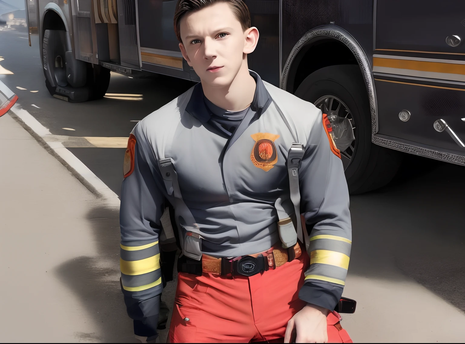 Sexuelles fire fighter guy, (handsome), VPL, Sexuelles Uniforms and Underwear, in front a burning house , (Seduction look), manly, muscular , hyper-realistic, Photo-real, sexually pose, alluring, hyper-realistic