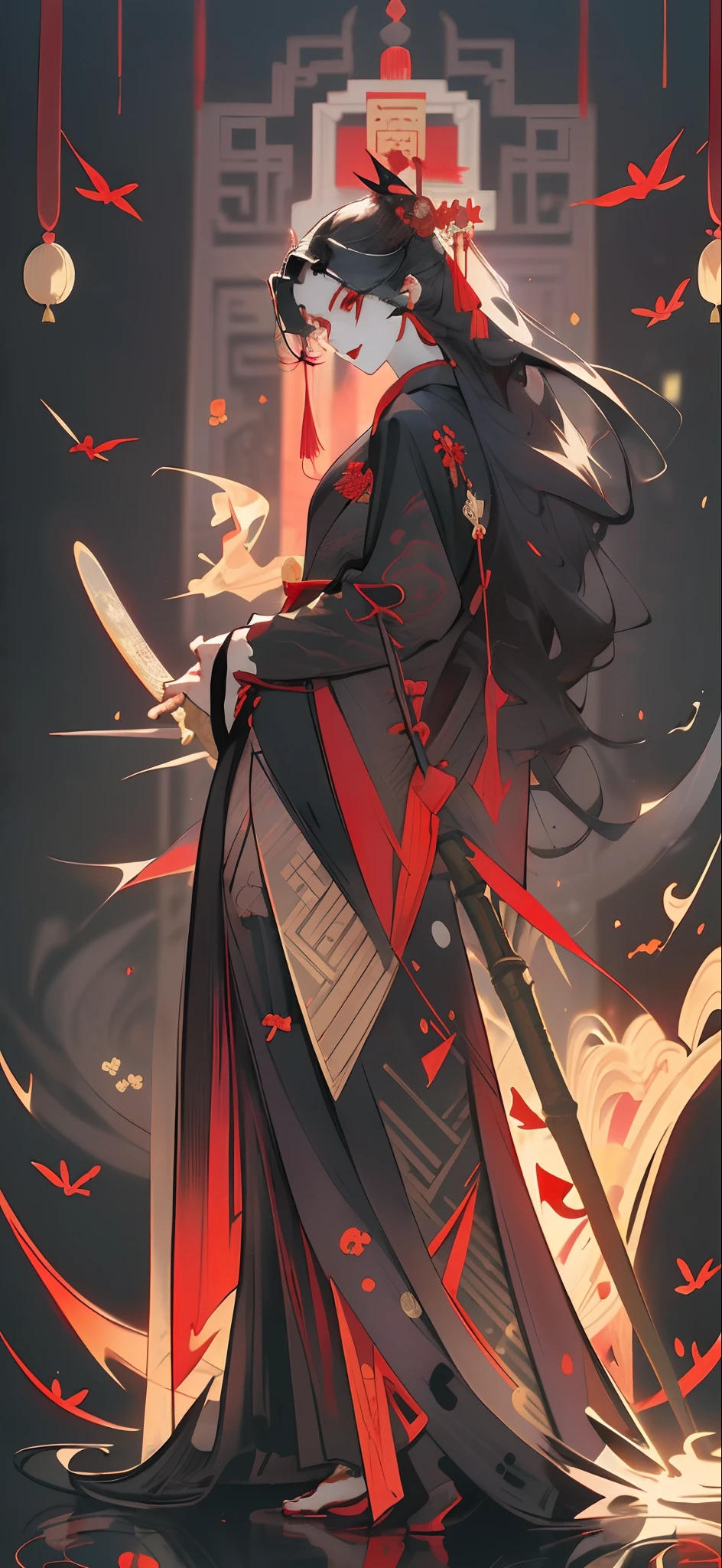 Draw a full-body photo of a black-haired costumed teenager，He wears a black and red wide-sleeved Chinese suit，The Hanfu skirt has a golden bamboo pole and bamboo leaf pattern，Hanfu covers your feet，Young faces，Dark red eyes，Evil-looking, but cute and lively。The main colors of the picture are black and red