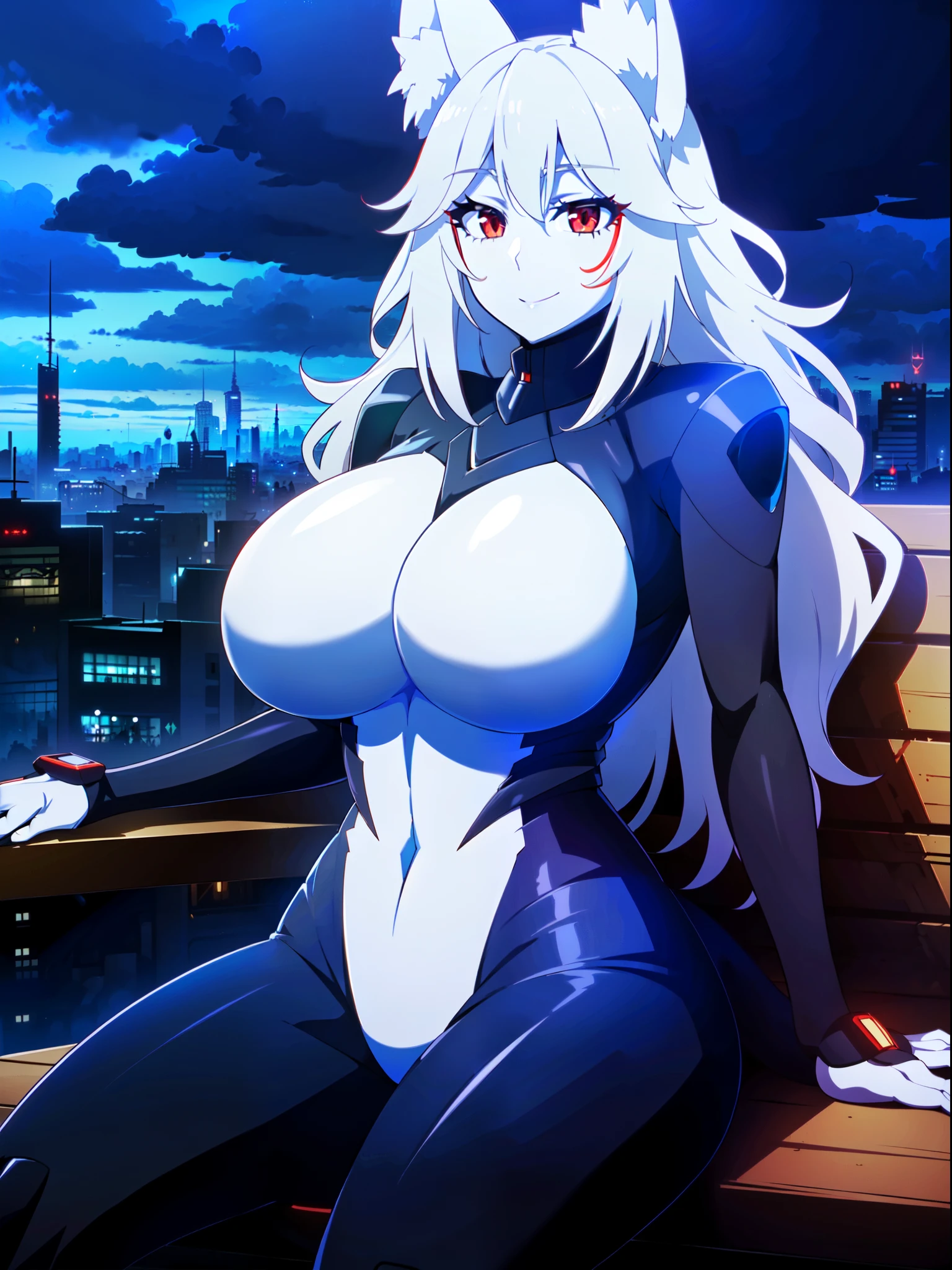 masterpiece, best quality, extremely detailed, 1girl, mature female, solo, (white skin:1.8), flay_strongest,  (huge breasts:1.5), (((white hair, long hair, red eyes, wolf ears, wolf tail))), red lips, (((fortified_suit, black plugsuit))), light smile, (closed mouth), ((sitting on the bench, dystopian city, cloudy sky))