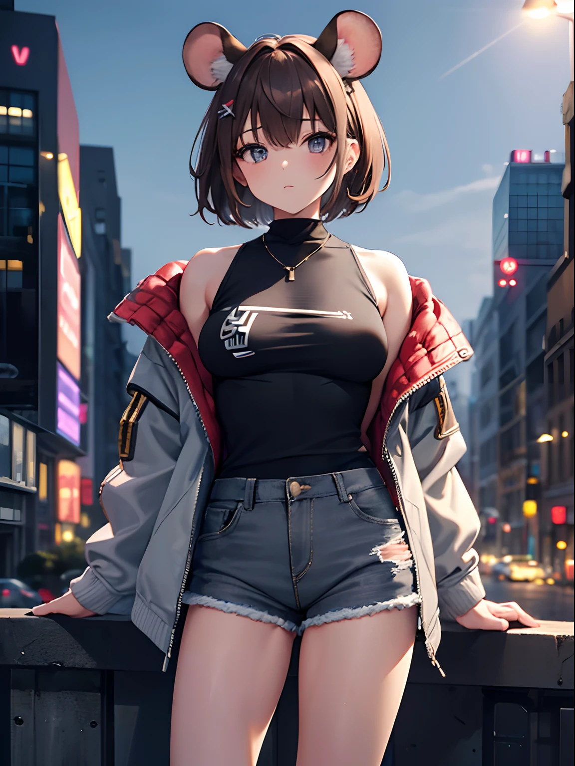 (masterpiece,best quality,ultra-detailed),1girl,brown hair, brown hair with a white line,short hair,mouse ears,((petite)),medium breasts,denim shorts, jacket, rock punk fashion,(grey theme),(pastel colors theme),in a city,night