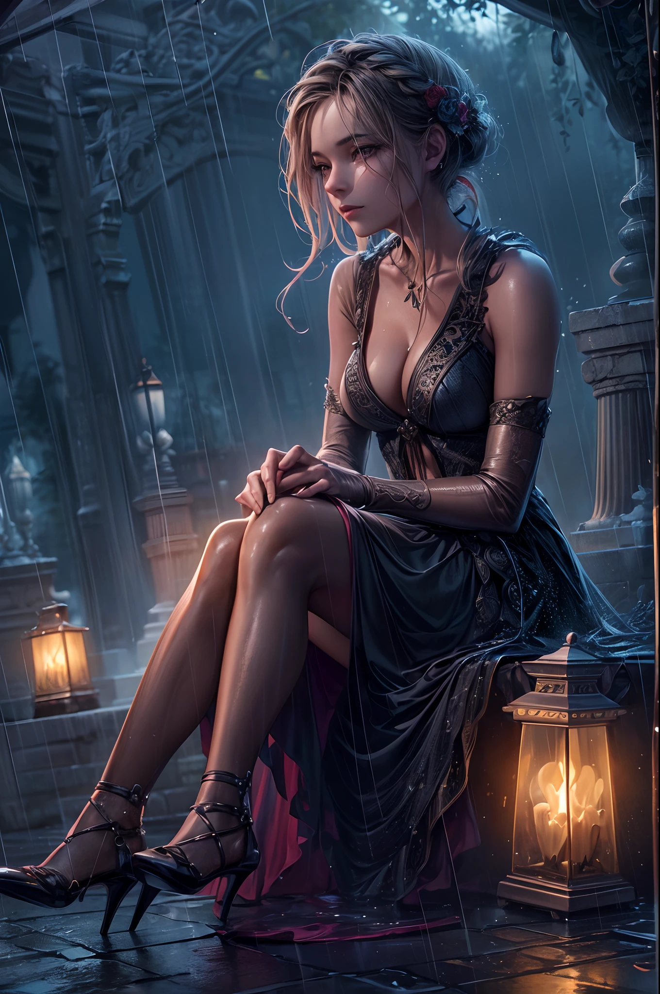 (extremely detailed CG unity 8k wallpaper), a beautiful young woman in the rain, dress, sitting, graveyard with lanterns, Style-Empire, (Style-Glass), (((surrealism))), full_body_shot, dramatic, backlit, light rays, volumetric lighting, detailed face, highly detailed, painting