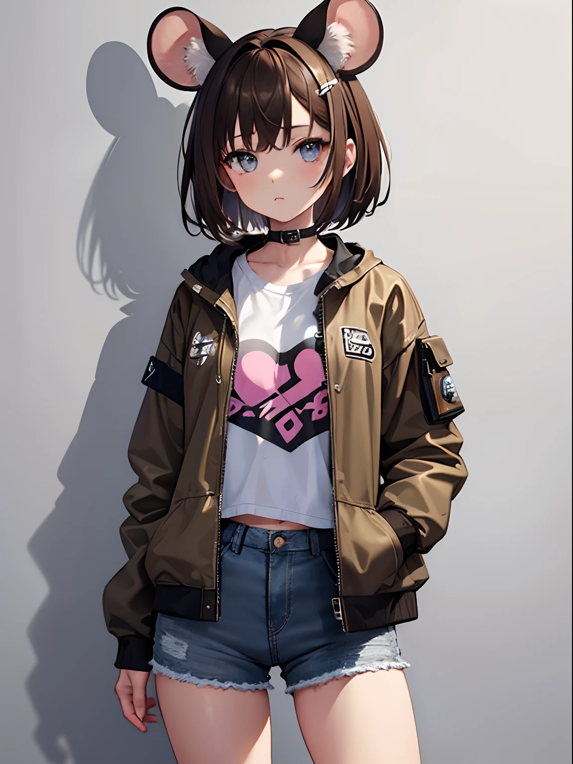 (masterpiece,best quality,ultra-detailed),1girl,brown hair, brown hair with a white line,short hair,mouse ears,((petite)),medium breasts,denim shorts, jacket, rock punk fashion,(grey theme),(pastel colors theme)