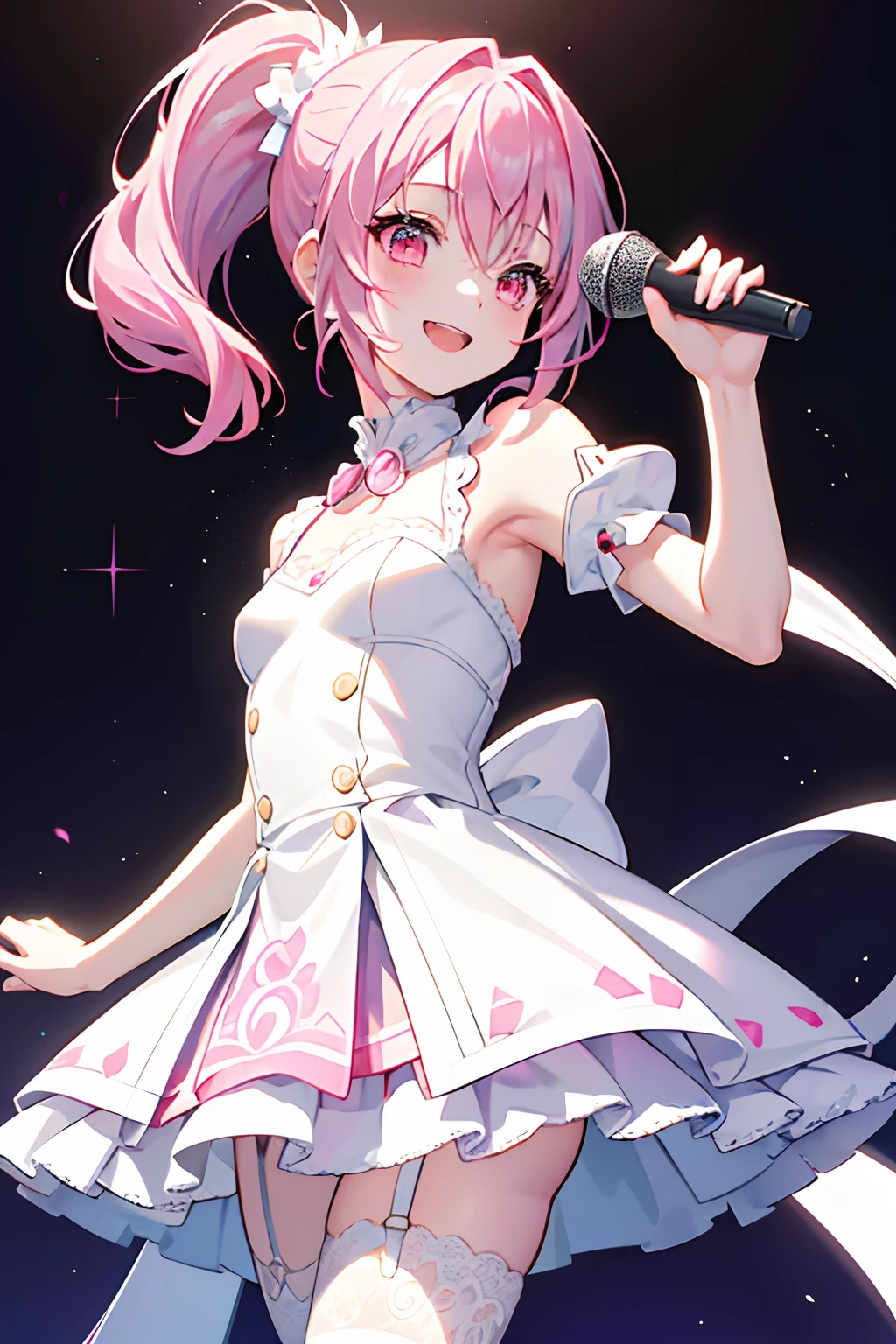 ultra-quality、masterpiece、Perfect illustration、Cheerful smile、(white:1.3)(realisitic:1.4)、Extreme detailing(exquisite light and shadow、highly dramatic picture、)strokes、1 girl in、ultra-detailliert、glistning skin、Small-faced beauty,pink slender dress、a miniskirt、Garter Belt、live house(The right hand is the microphone)、Pink eyes、Pink hair、poneyTail、Sing with your mouth open、inteiro (Body)