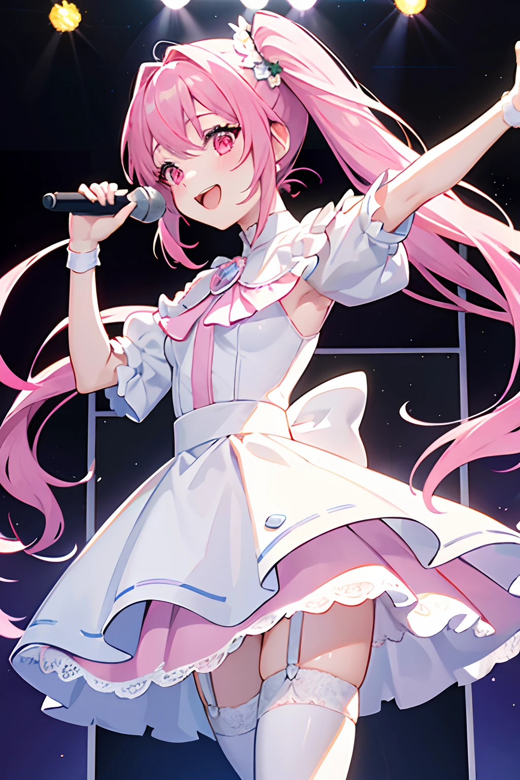 ultra-quality、masterpiece、Perfect illustration、Cheerful smile、(white:1.3)(realisitic:1.4)、Extreme detailing(exquisite light and shadow、highly dramatic picture、)strokes、1 girl in、ultra-detailliert、glistning skin、Small-faced beauty,pink dress、a miniskirt、Garter Belt、LIVE HOUSE(The right hand is the microphone)、Pink eyes、Pink hair、poneyTail、Sing with your mouth open、entire (body)